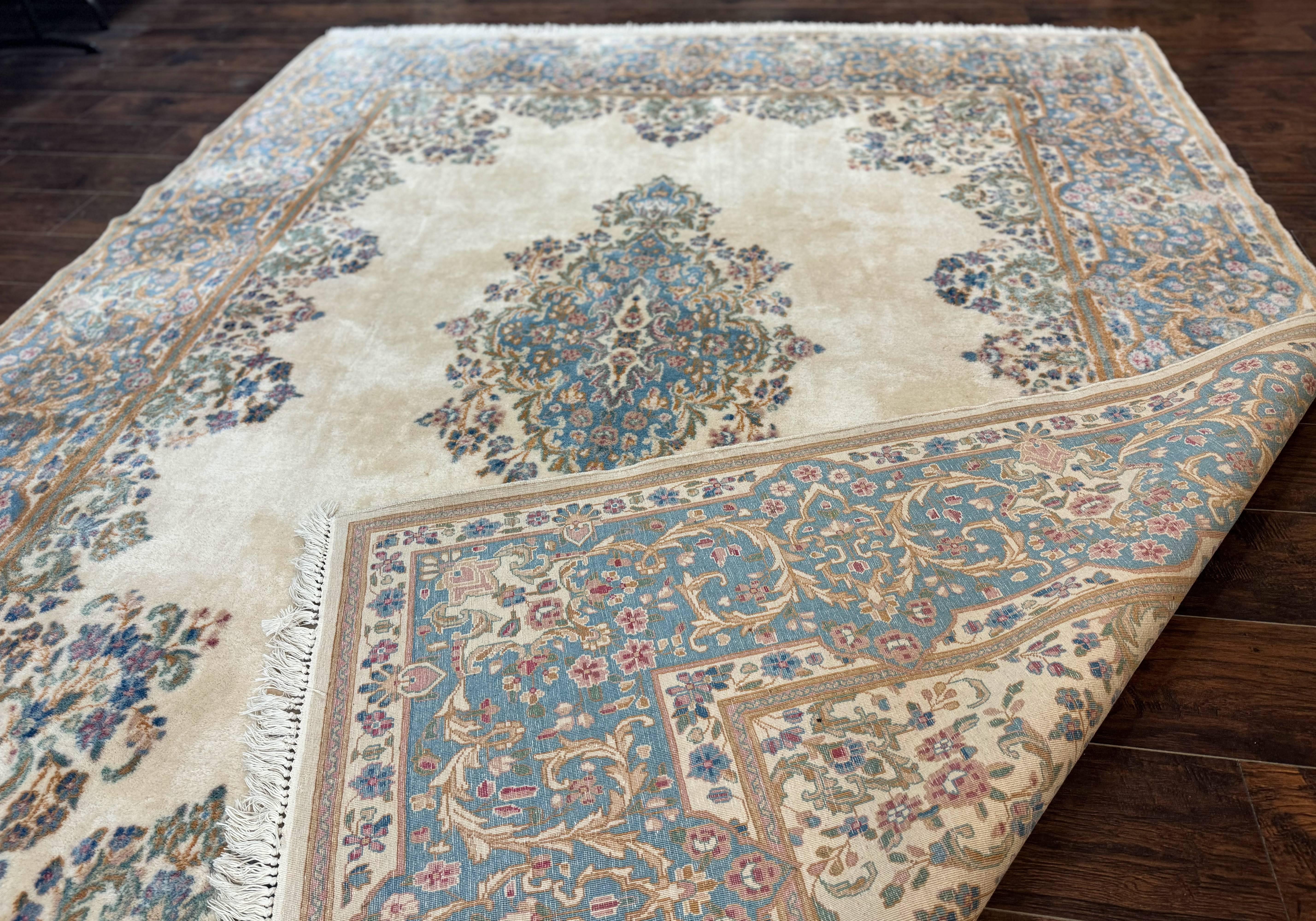 Persian Floral Kirman Rug 8x10, Ivory/Cream and Light Blue, Pastel Colors, Handmade Vintage Wool Carpet, Semi Open Field - Jewel Rugs