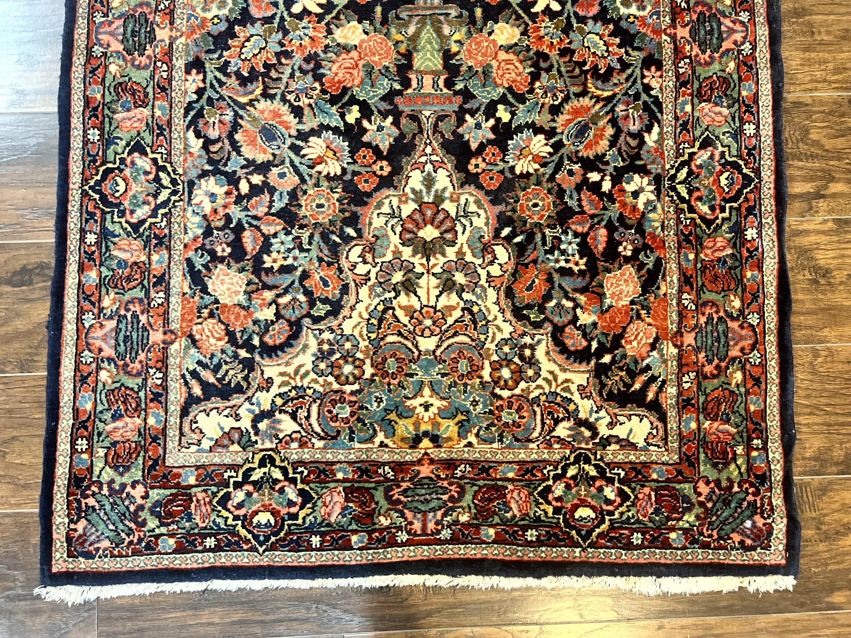 Persian Saoruk Rug 4x5, Navy Blue and Red, Floral, Antique Persian Wool Carpet, Handmade - Jewel Rugs