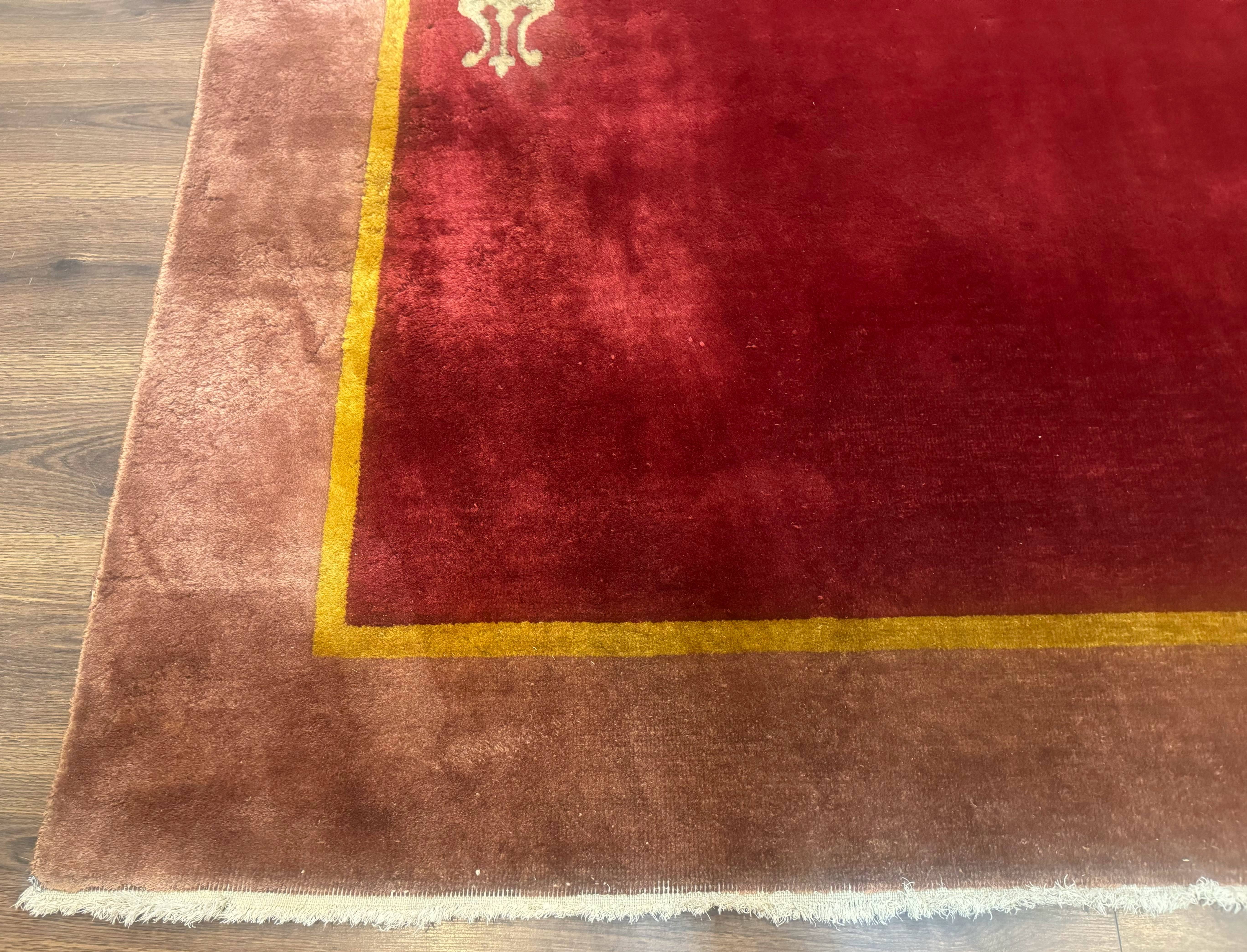 Red Chinese Art Deco Rug 9x11, Simple Design, Wool Chinese Area Rug, Antique - Jewel Rugs