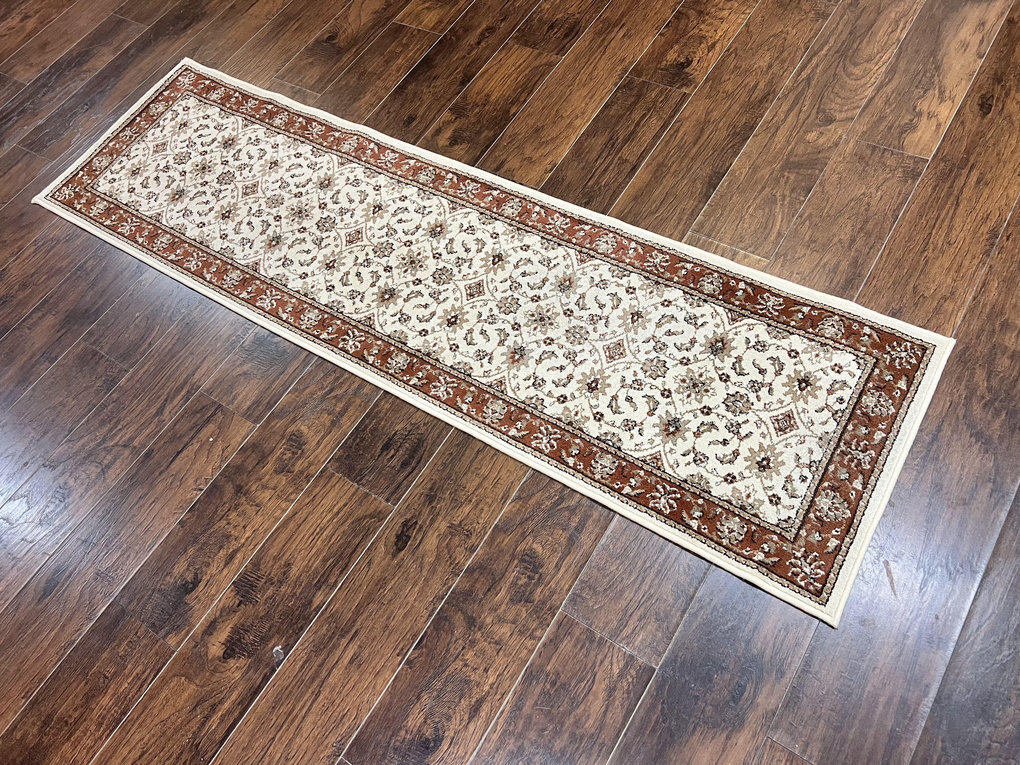 Runner Rug 2 x 7.6, Skinny Runner, Oriental Rug for Hallway, Ivory & Rust Red, Floral Allover - Jewel Rugs
