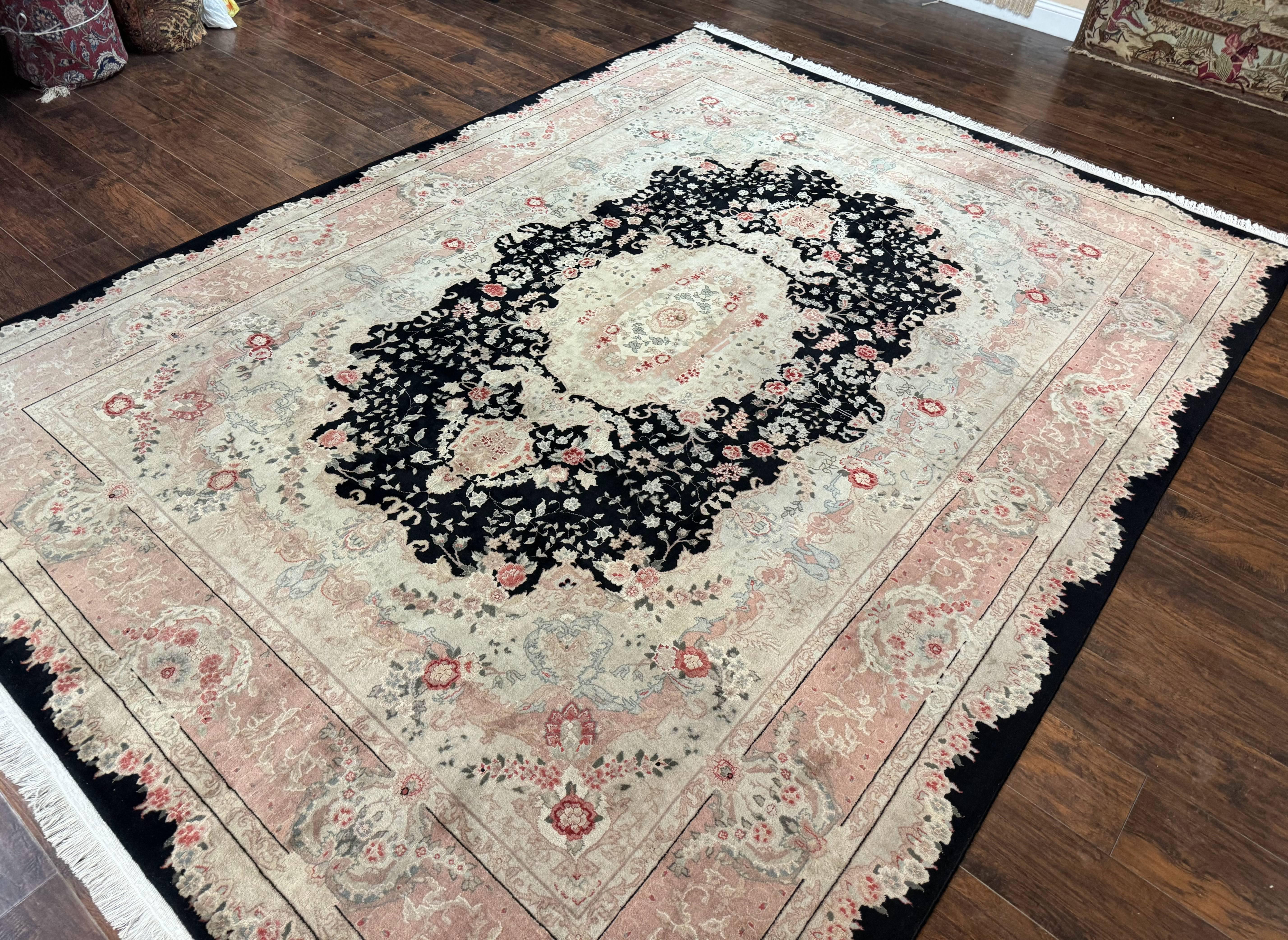 Pak Persian Tabriz Rug 8.6 x 11.6, Black Pink, Traditional Elegant Formal Oriental Carpet, Dining Room Rug, Fine 225 KPSI - Jewel Rugs