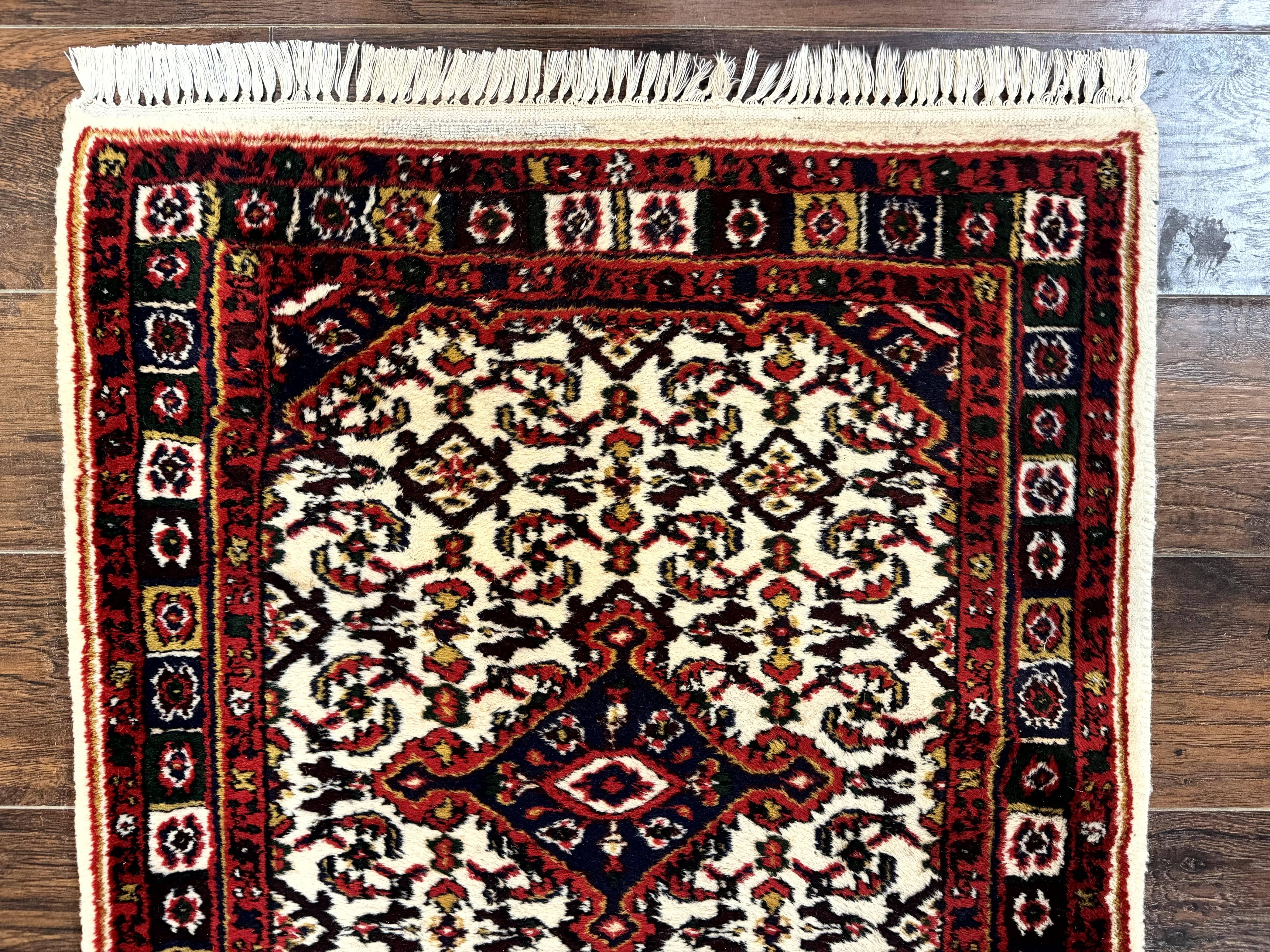 Indo Persian Bidjar Runner Rug 2.8 x 10, Vintage Rug for Hallway, 10ft Runner, Wool Handmade Ivory and Red, Medallions - Jewel Rugs