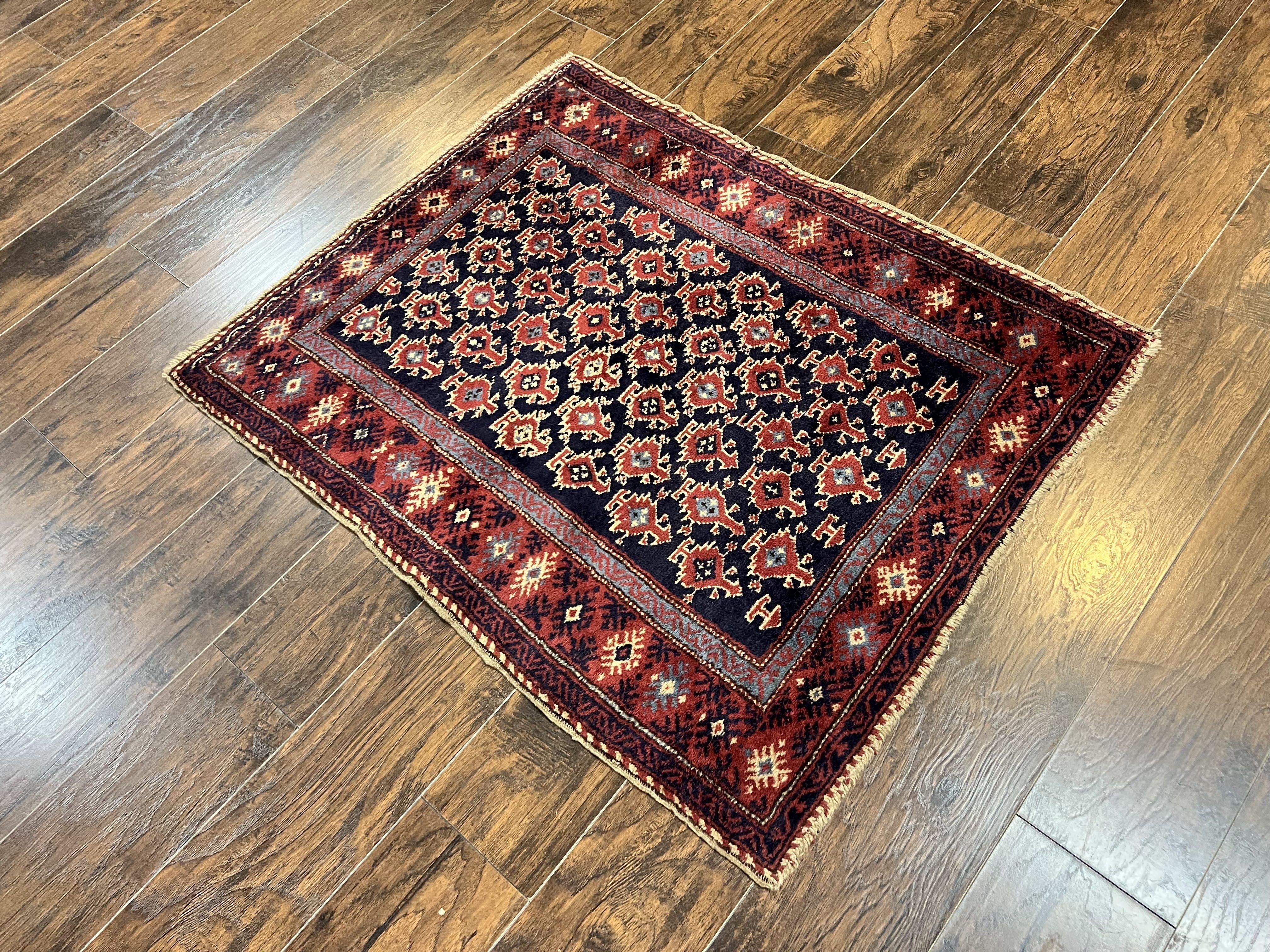 Turkish Sparta Rug 3x4, Allover Pattern, Navy Blue and Red, Antique Ispara Oriental Carpet 3 x 4, Small Turkish Handmade Vintage Wool Rug - Jewel Rugs