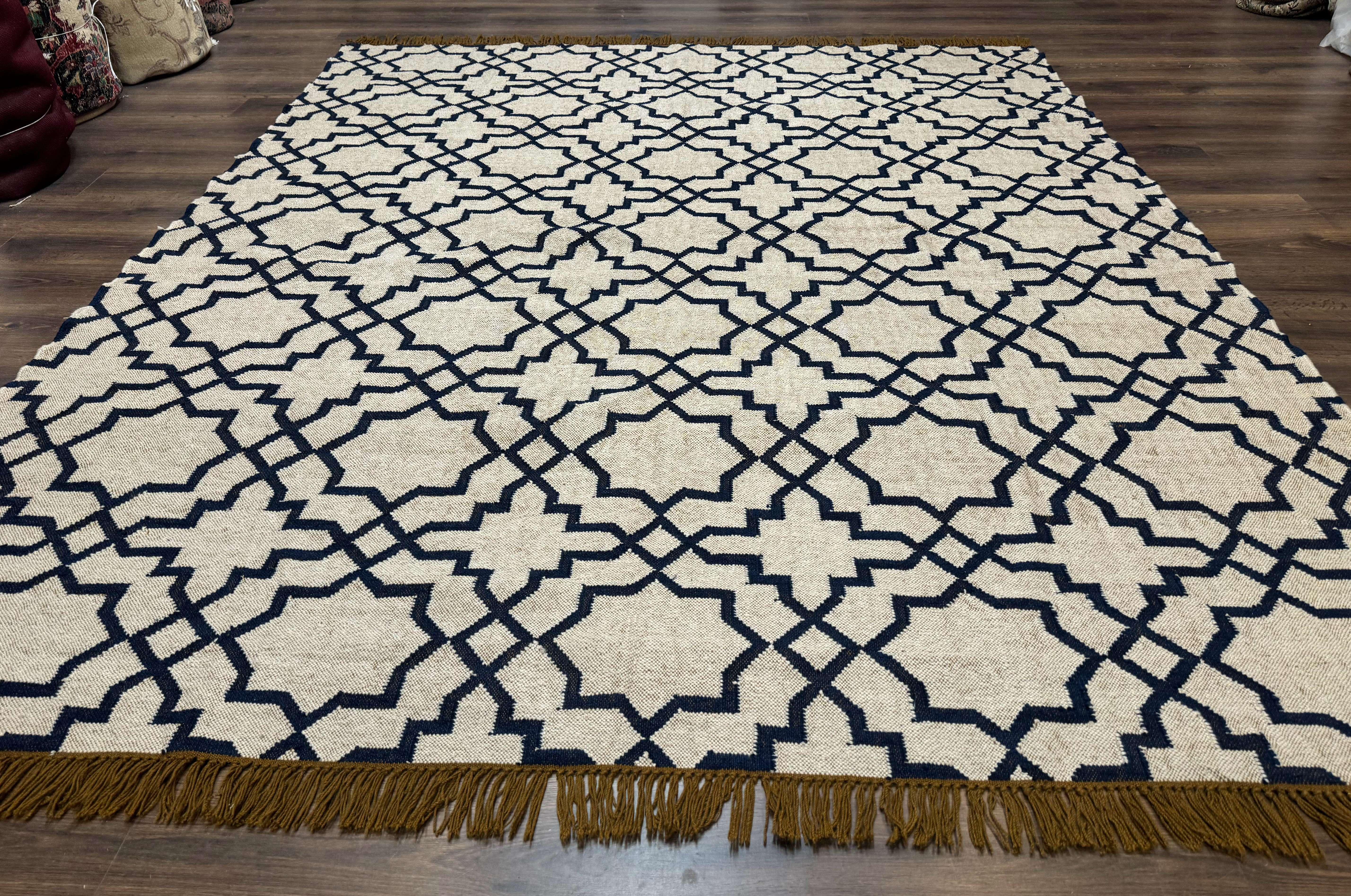 Indian Kilim Rug 8x10, Oat and Navy Blue, Dhurrie Carpet, Handmade, Wool - Jewel Rugs