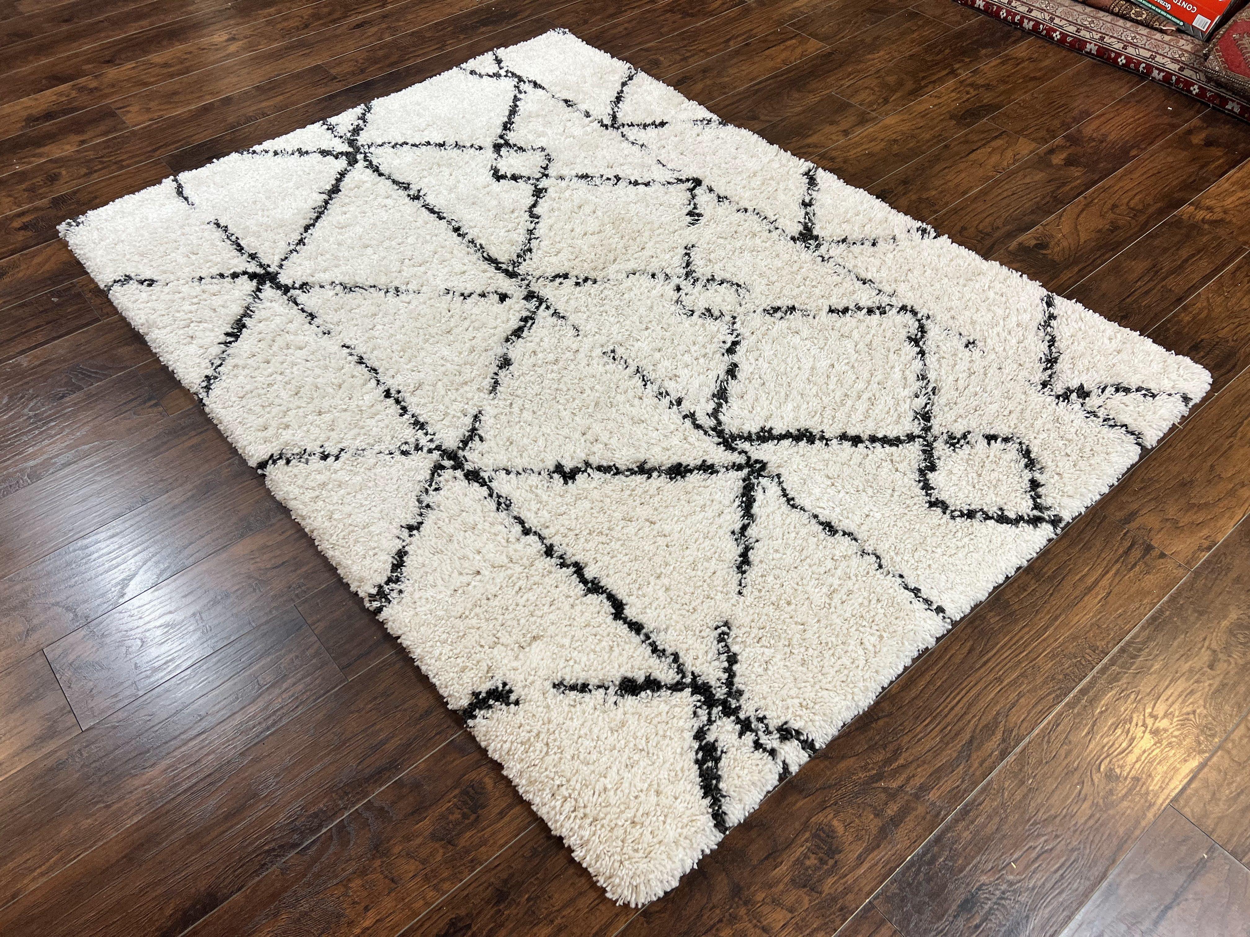 Modern Shag Rug 5x7, Ivory and Black Area Rug 5 x 7 ft - Jewel Rugs