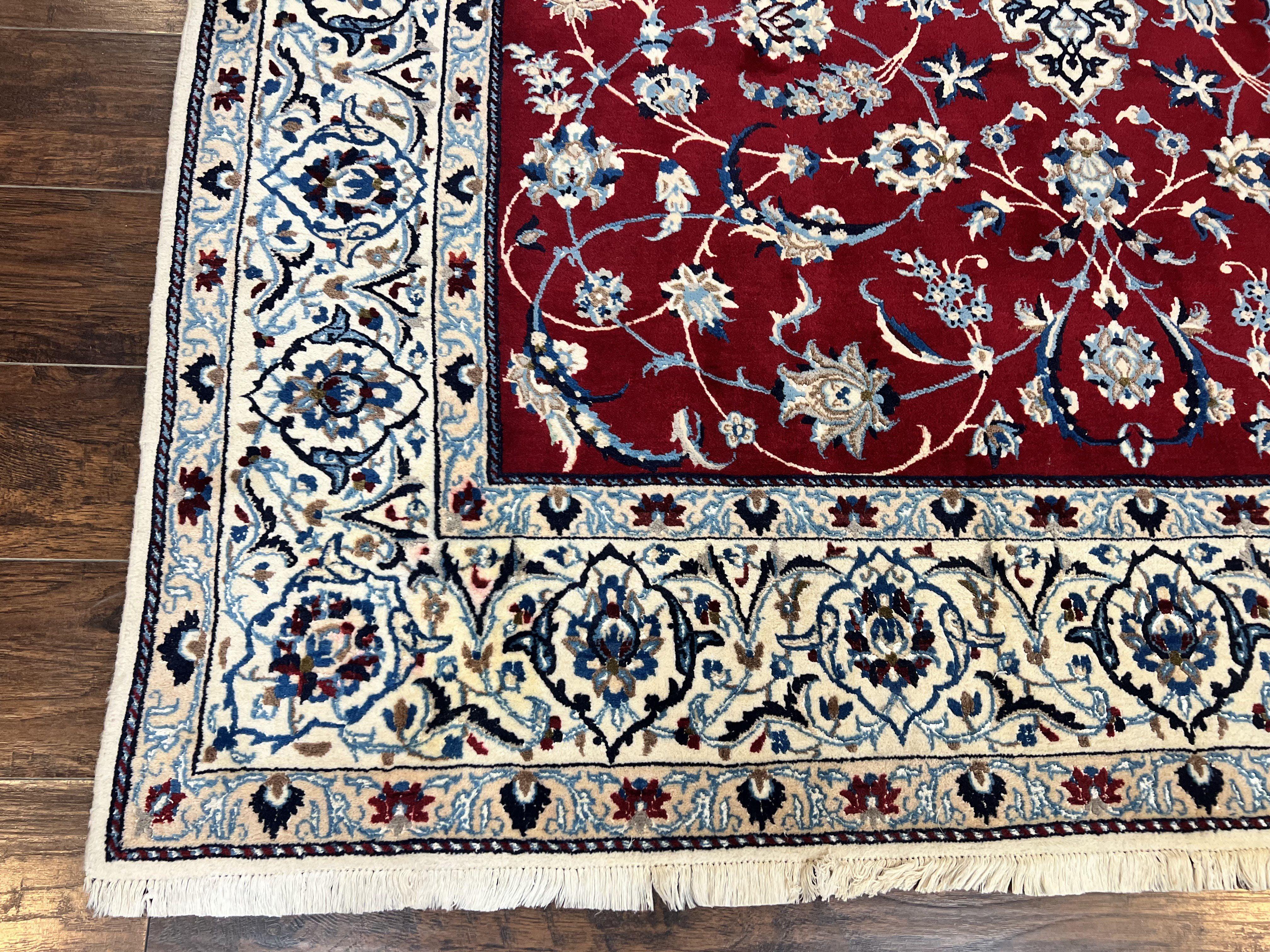 Persian Nain Rug 6x10, Wool and Silk Highlights, Red and Ivory, Floral Medallion, Vintage Handmade Hand Knotted, Fine 225 KPSI, Traditional Rug - Jewel Rugs