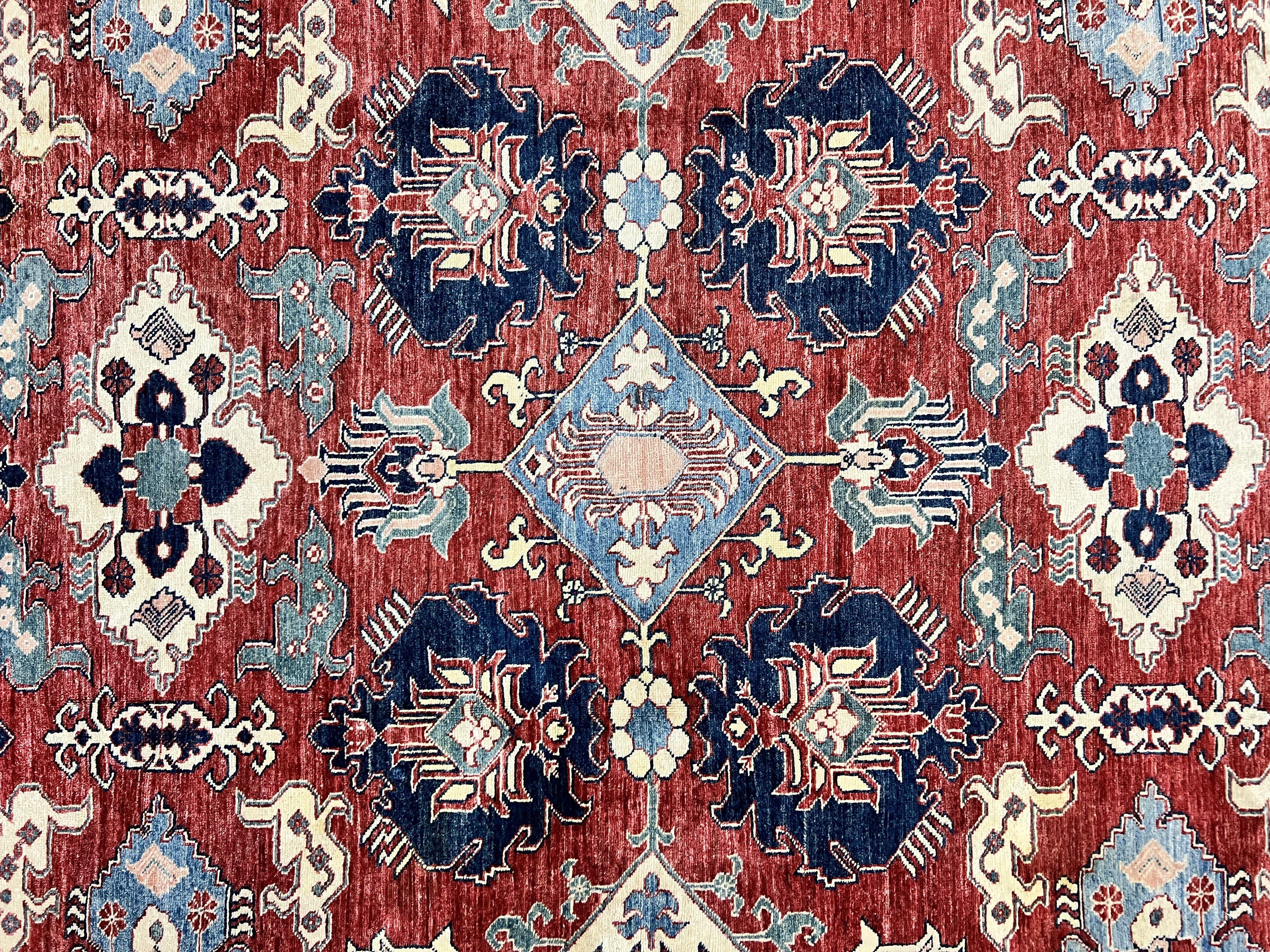 Turkish Heriz Rug 7x10, Wool Hand Knotted Handmade Room Sized Oriental Carpet, Red & Ivory, Vintage Geometric Oriental Rug 7 x 10 ft - Jewel Rugs
