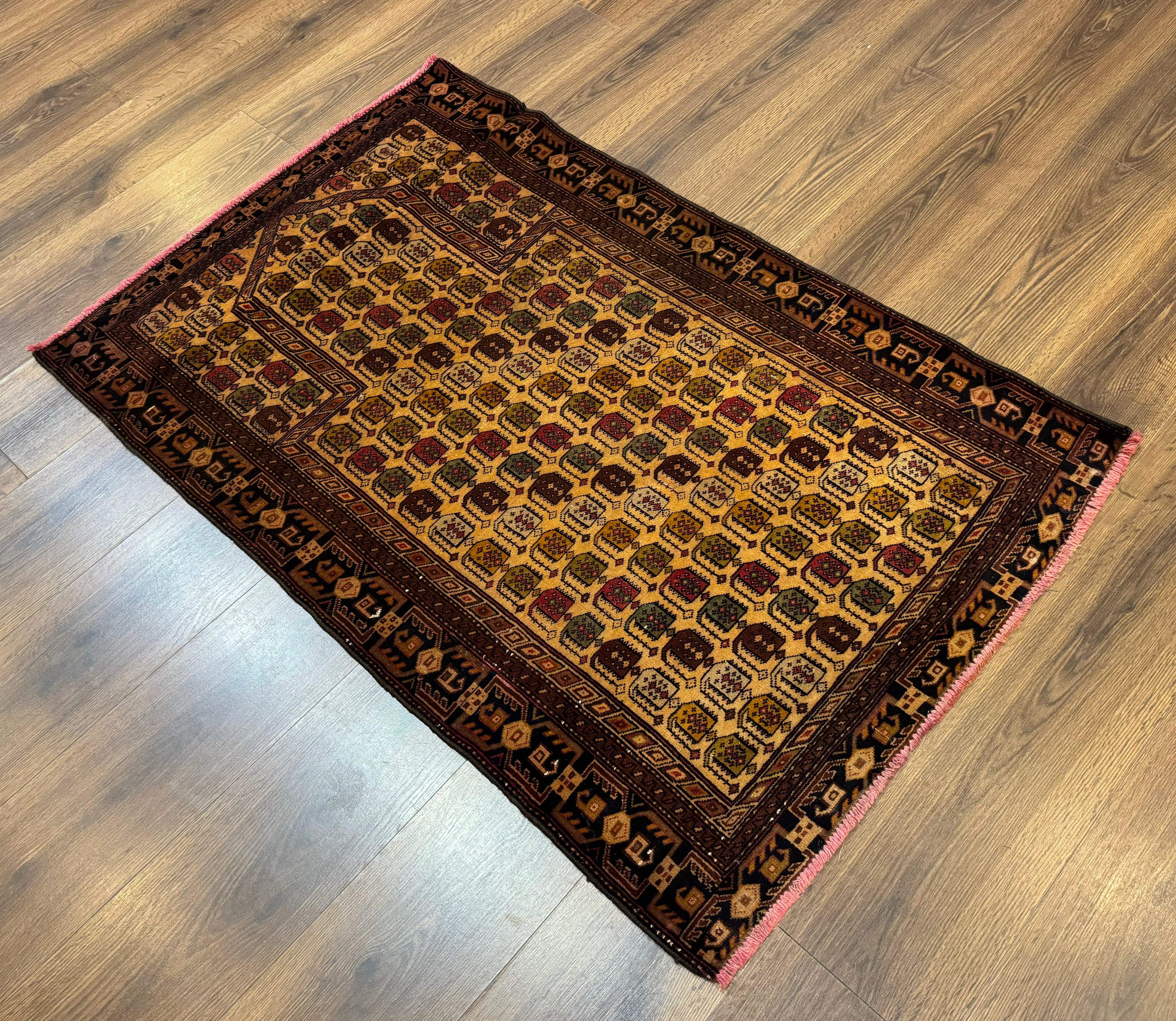 Persian Baluchi Prayer Rug 3x5 – Repeated Boteh Design, Golden-Tan, Handmade Wool Carpet - Jewel Rugs