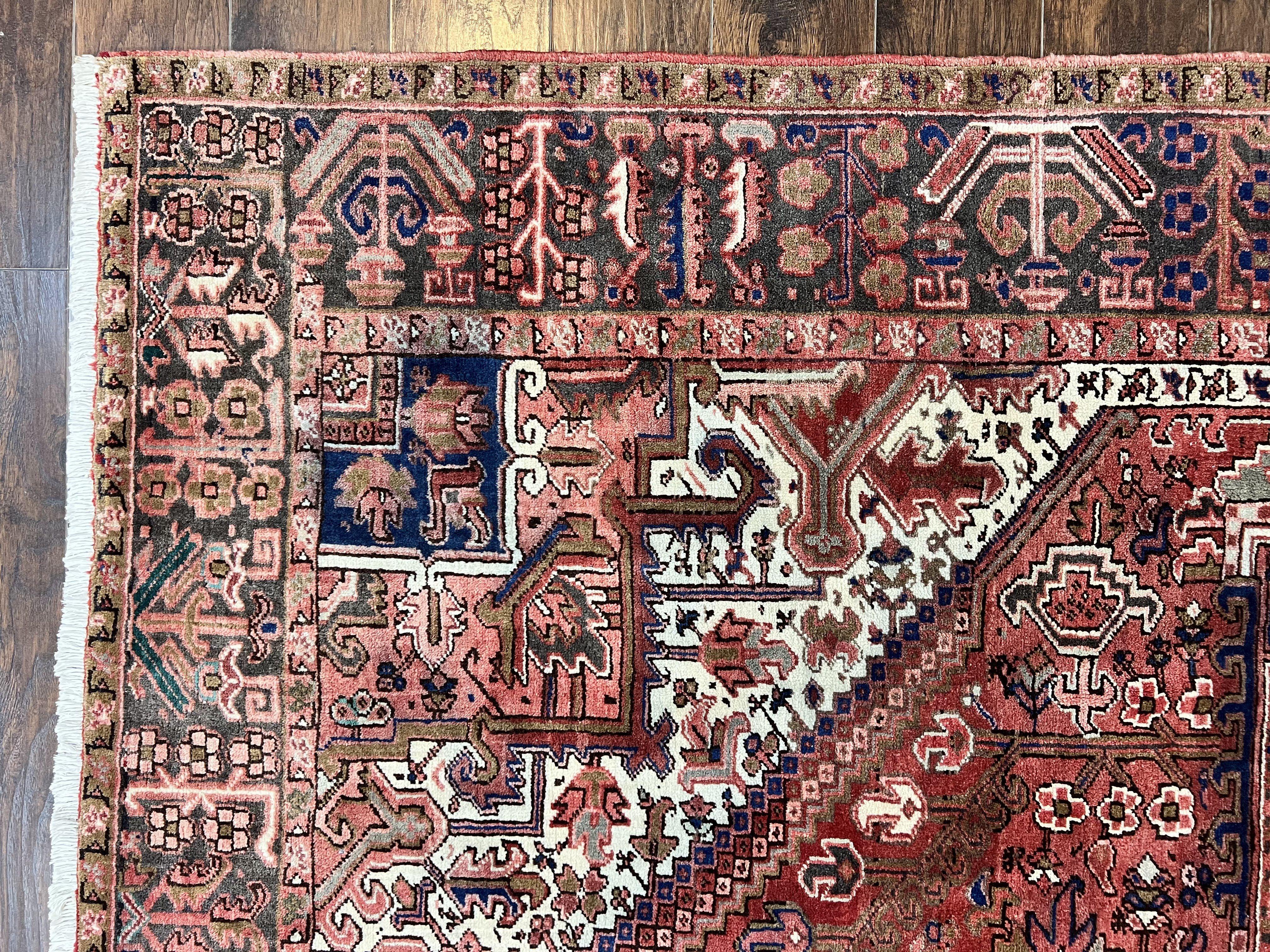 Persian Heriz Rug 10x13, Wool Hand Knotted Antique Carpet, Red Ivory, Geometric Rug 10 x 13 - Jewel Rugs