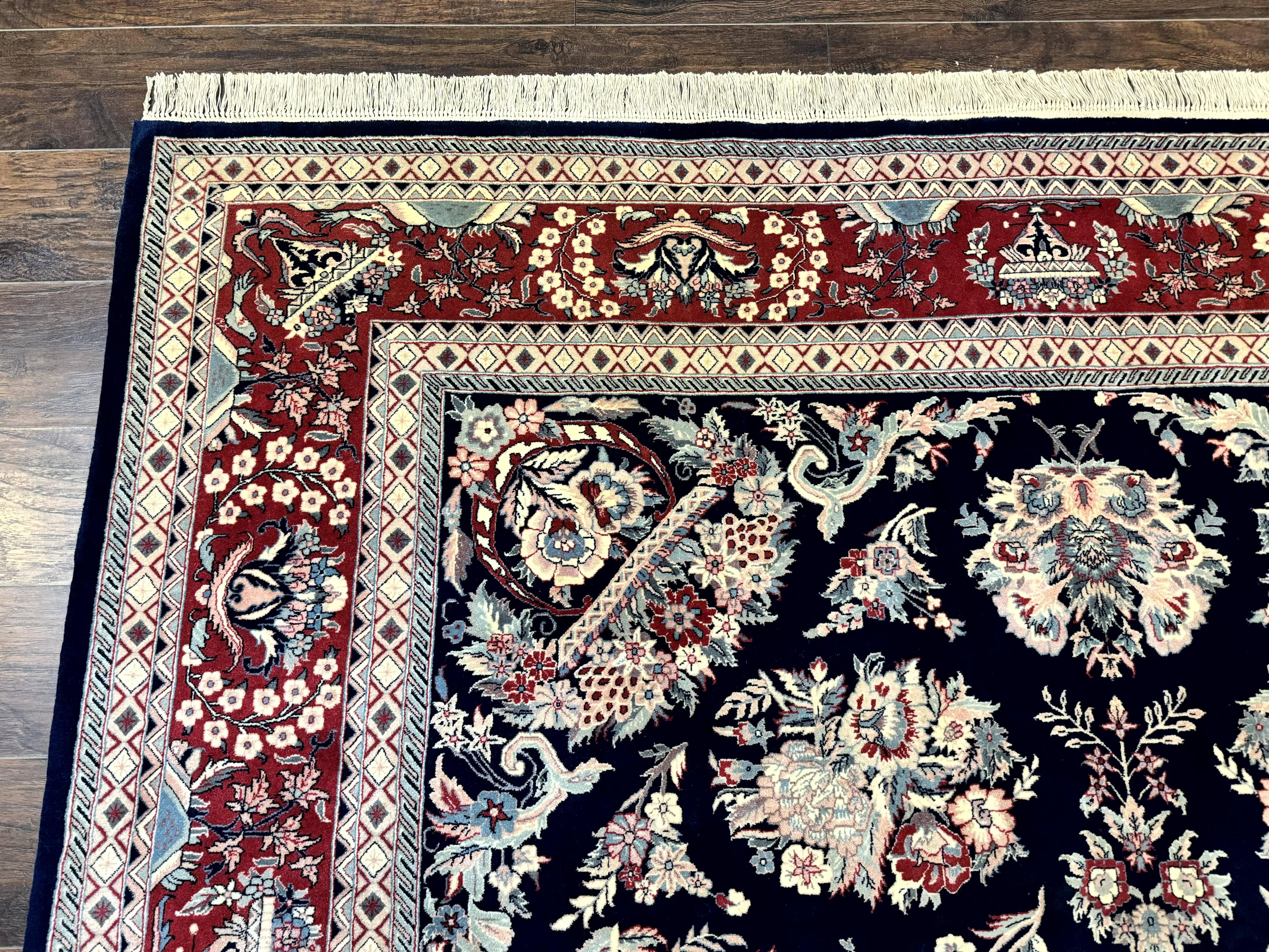 Sino Persian Rug 8x10, Floral Kirman Carpet, Navy Blue and Red, Floral Vases, Handmade Vintage Wool Carpet, 320 KPSI - Jewel Rugs