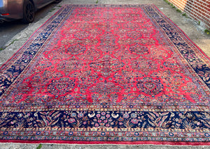 Oversized Persian Kashan Rug 12x21 ft, Antique 1920s Large Palace Size Wool Traditional Oriental Carpet, Red Floral Allover, Animal Pictorials Birds
