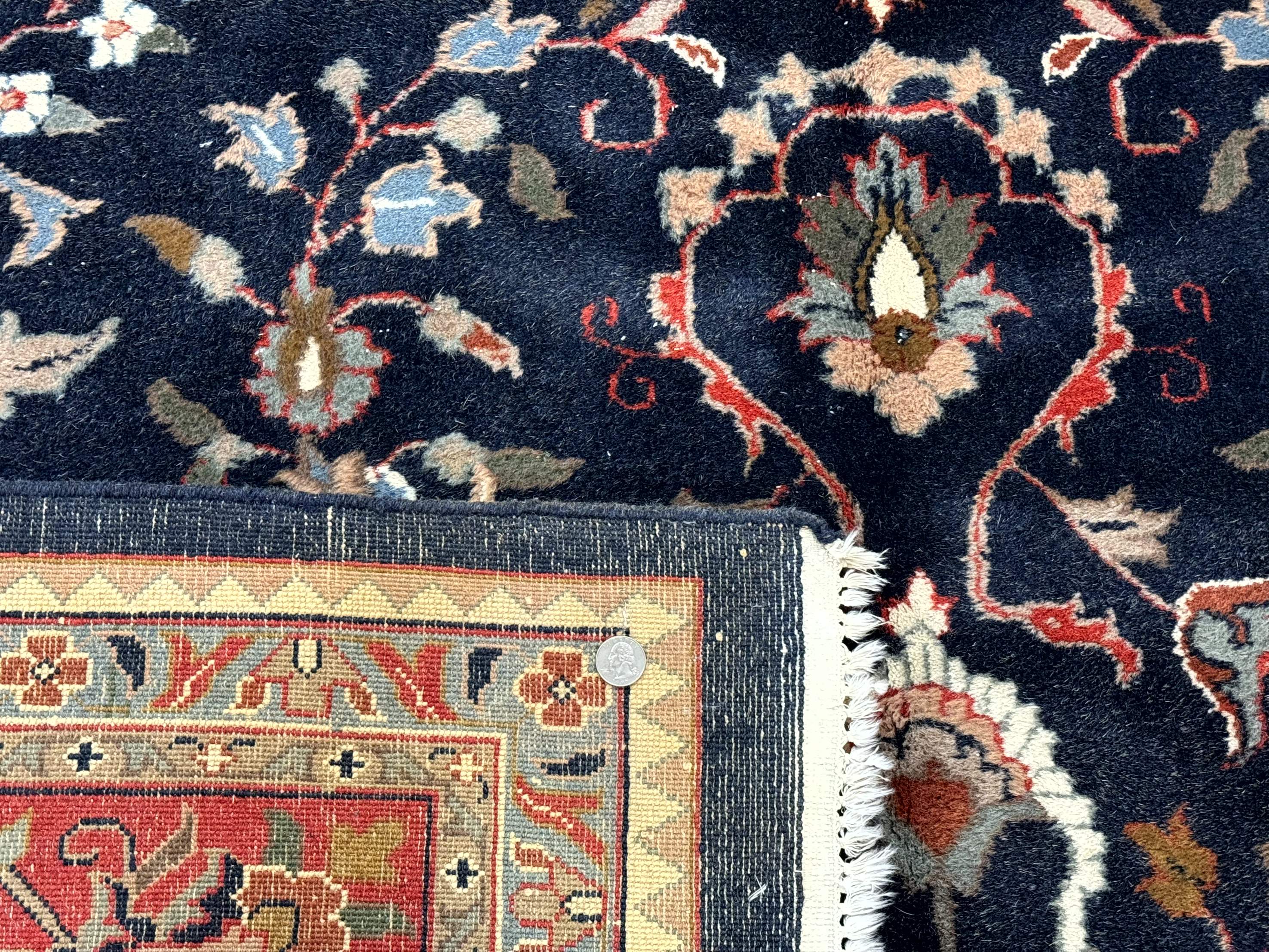 Indo Persian Sarouk Rug 9x12 – Navy and Red, Hand-Knotted Wool Vintage Carpet, Allover Pattern - Jewel Rugs