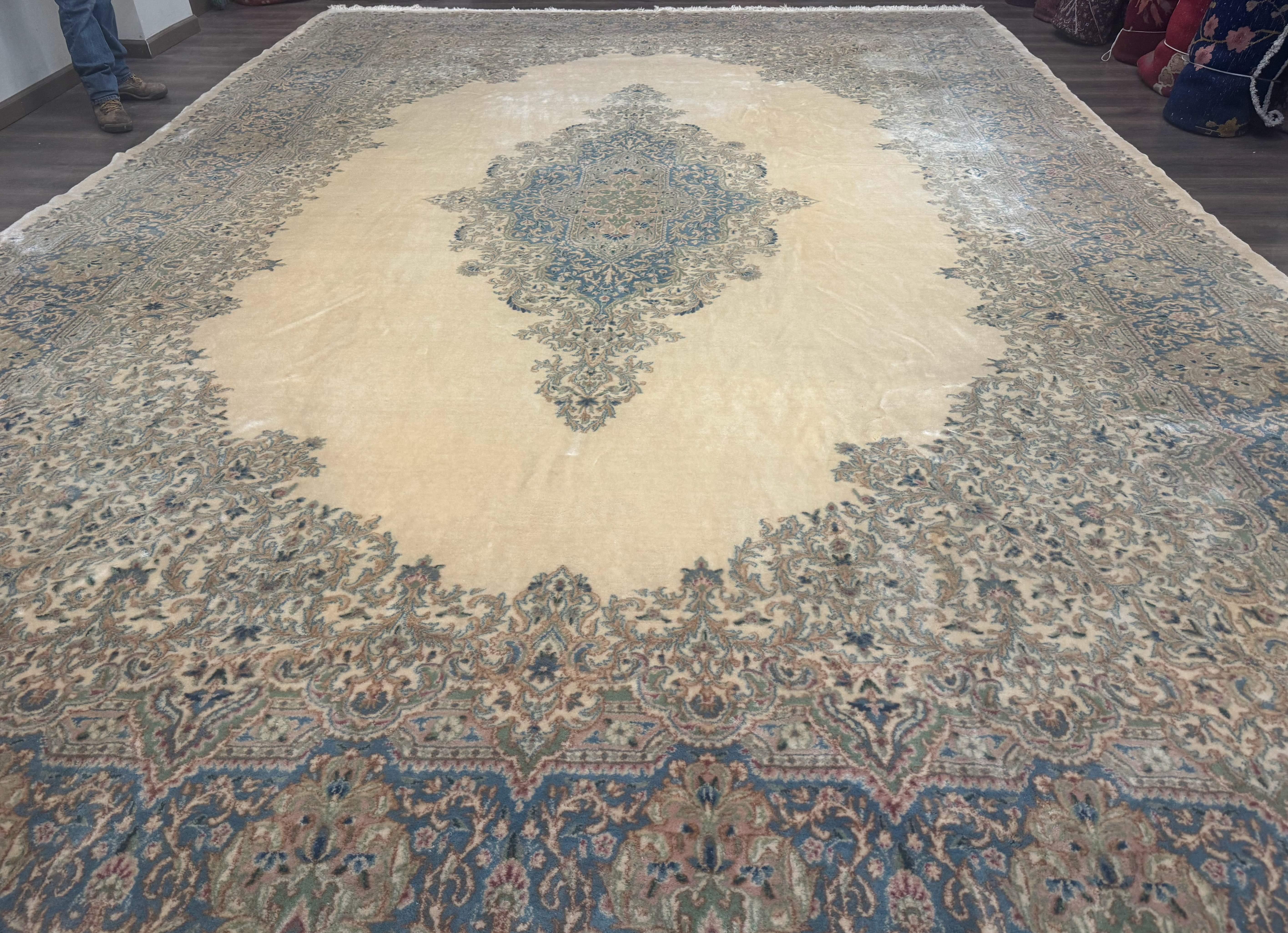 Palace Size Persian Kerman Rug 12x18, Floral Kirman Rug, Ivory Light Blue Pink, Pastel Colors, Vintage Persian Rug, Signed, Fine 240 KPSI - Jewel Rugs