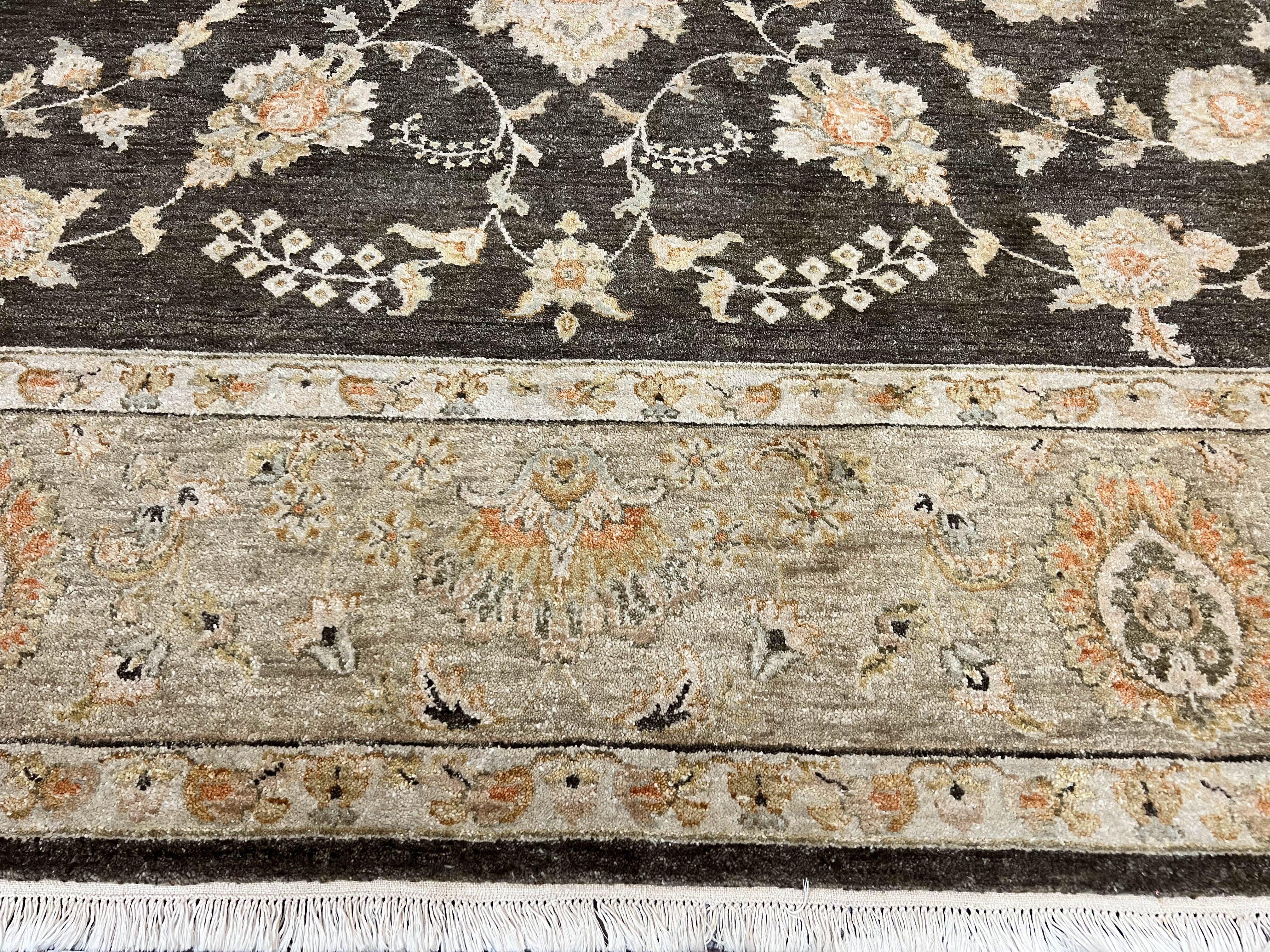 Indo Persian Rug 9x12, Sultanabad Indian Carpet, Dark Brown, Hand Knotted Vintage Wool Rug - Jewel Rugs