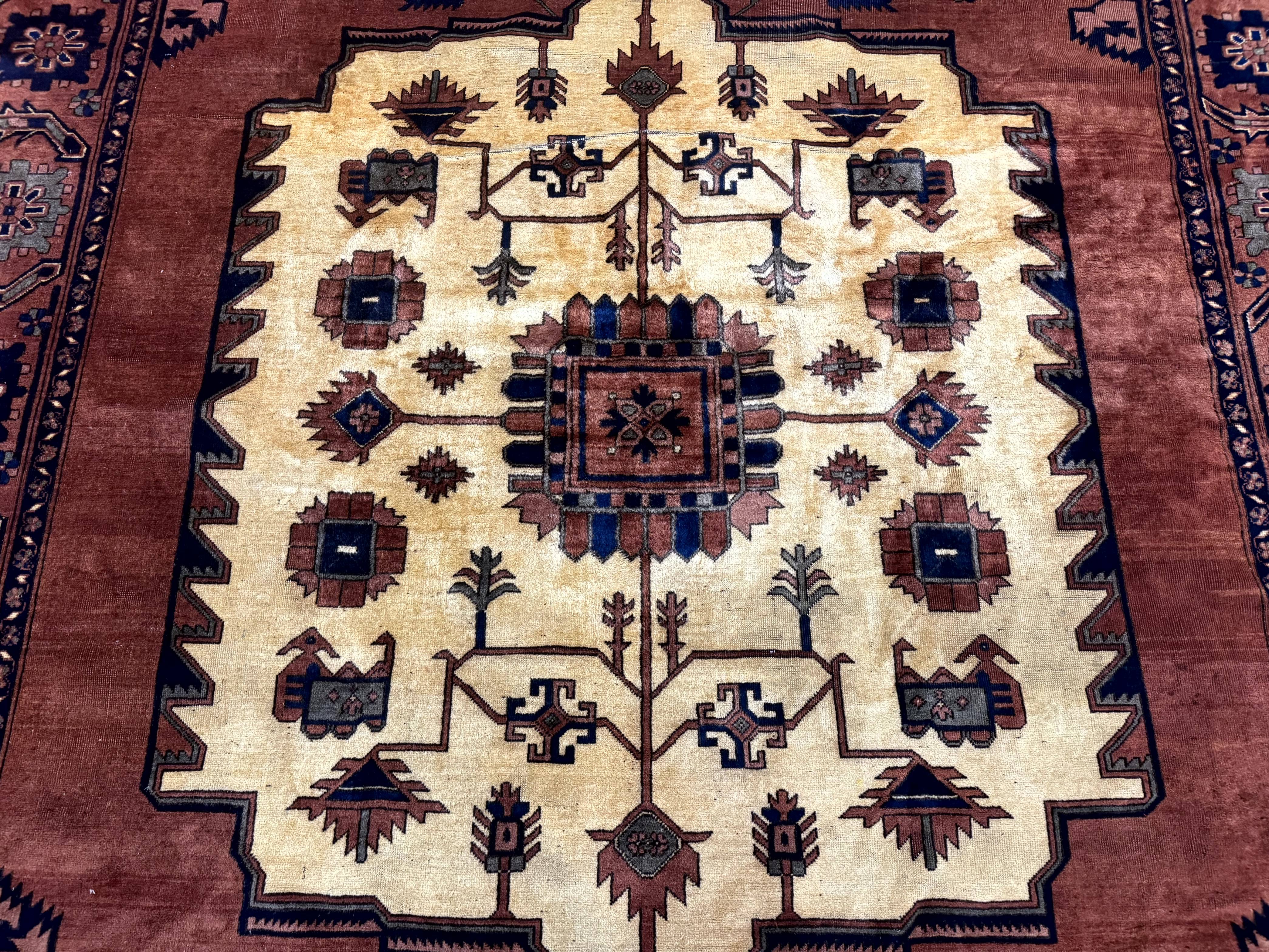 Afghan Heriz Rug 9x12, Tribal Geometric Serapi Carpet, Rust Cream and Navy, Wool on Wool - Jewel Rugs
