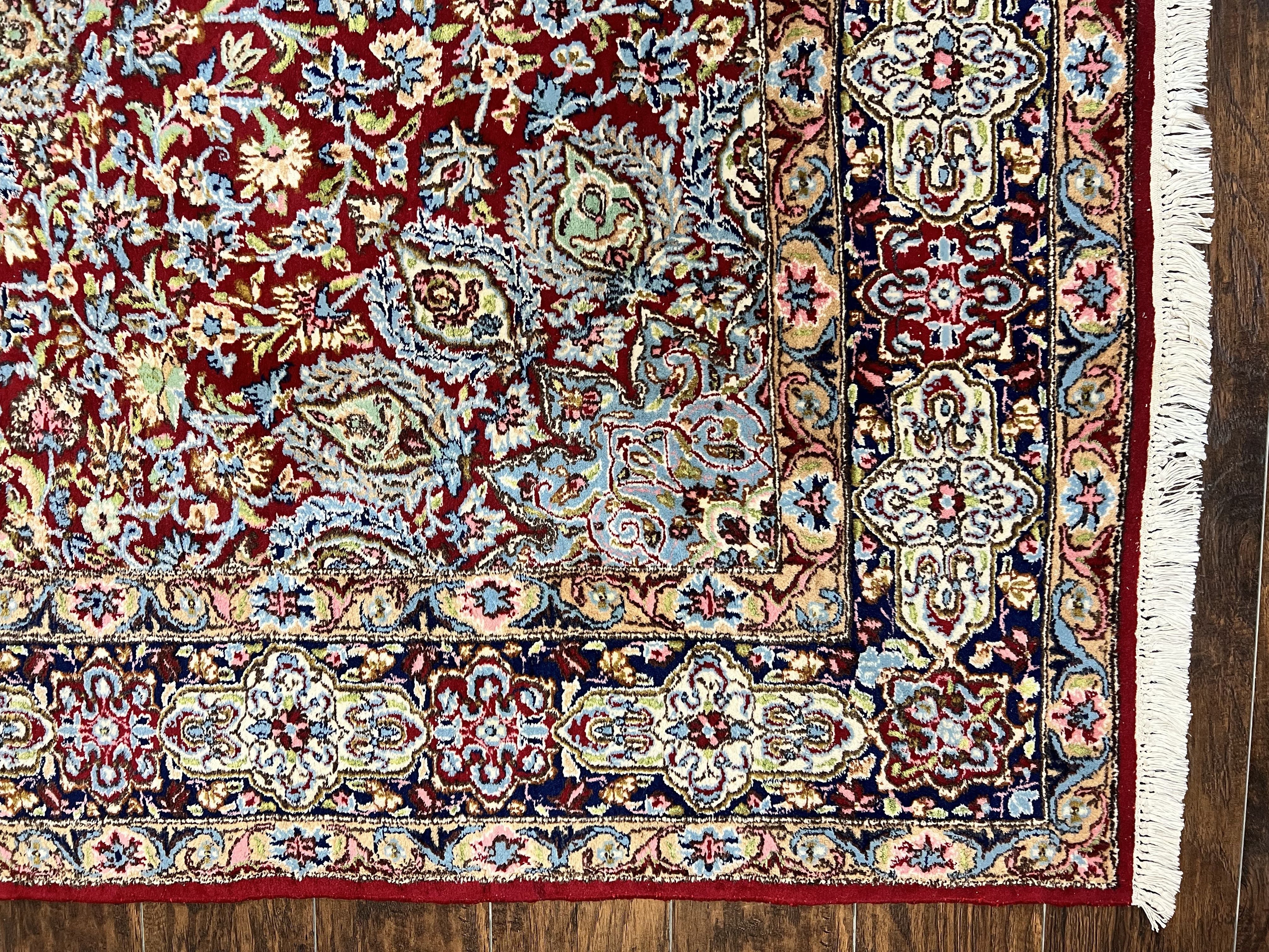 Persian Rug 7x10, Kirman Oriental Carpet 7 x 10 ft, Hand Knotted Wool Floral Medallion Semi Antique Persian Rug, Dark Red Light Blue Vintage - Jewel Rugs