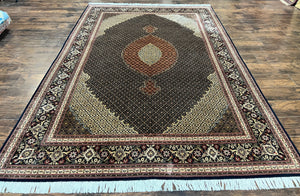 Persian Tabriz Rug 7x10, Very Fine 330 KPSI 50 Raj, Black and Beige, Handmade Wool Vintage Persian Carpet