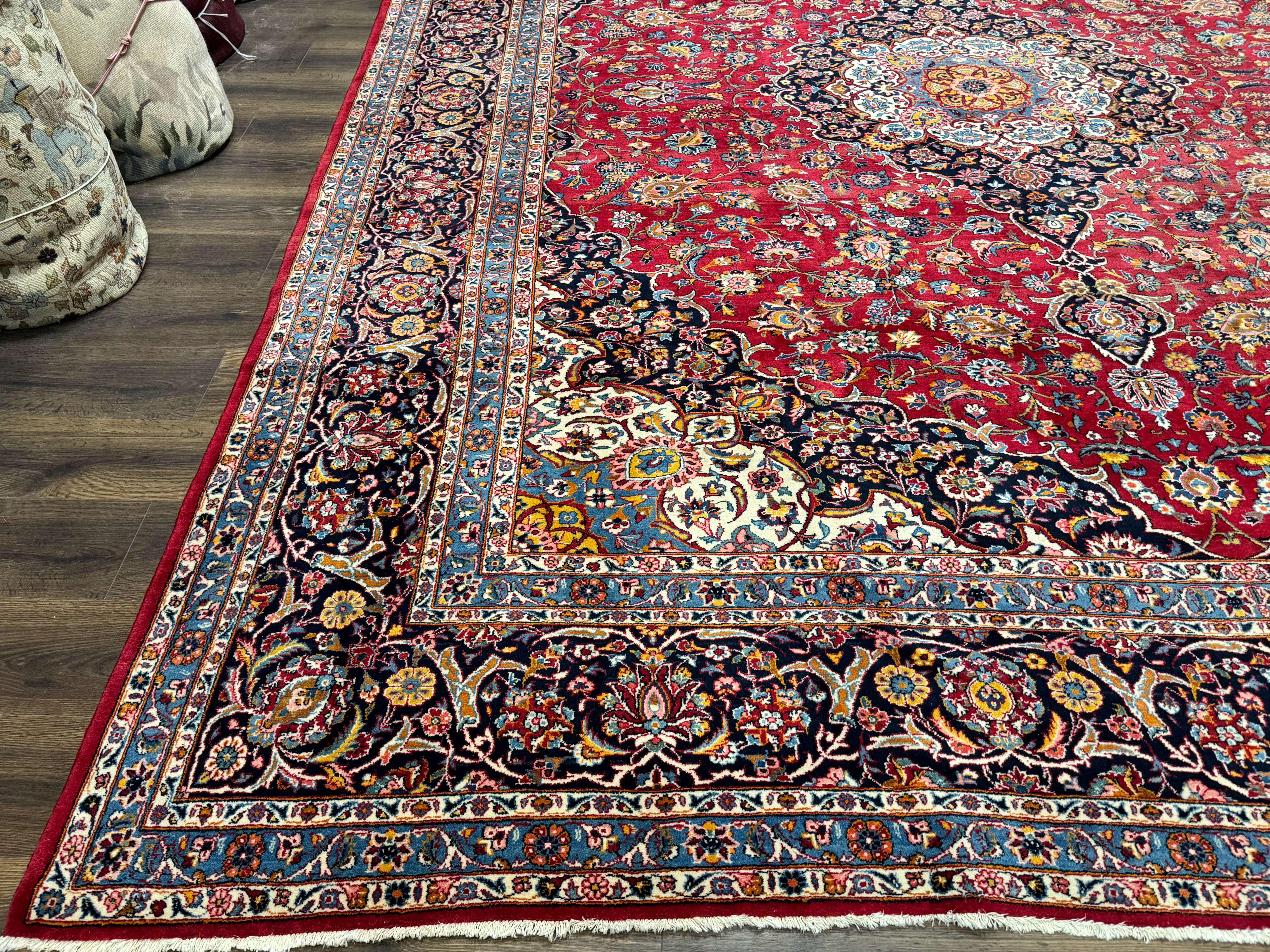 Large Persian Kashan Rug 11x14, Traditional Persian Carpet, Wool, Fine 250 KPSI, Red Navy Blue - Jewel Rugs