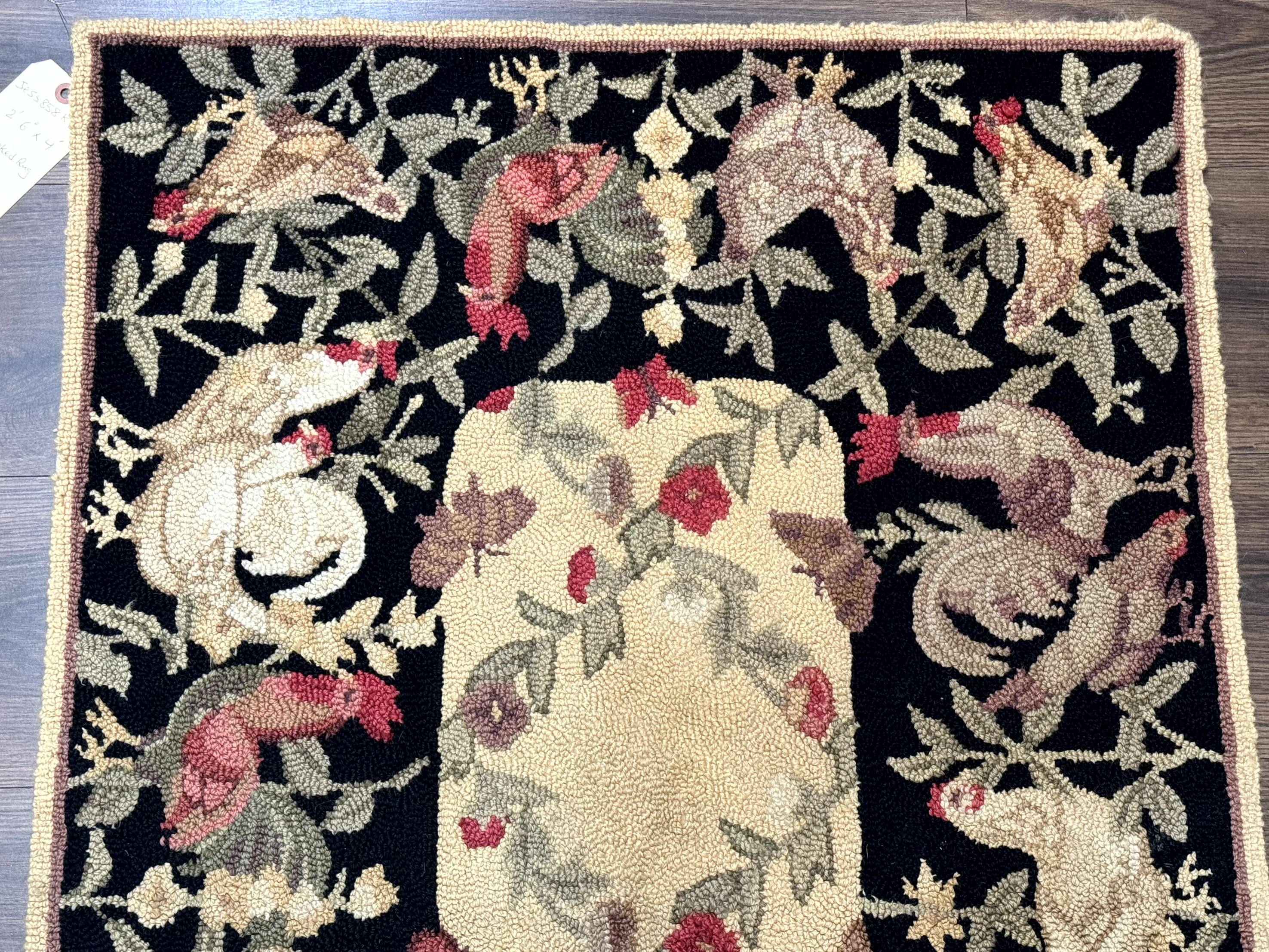 Small Vintage Hooked Rug, Roosters, Handmade, Wool - Jewel Rugs