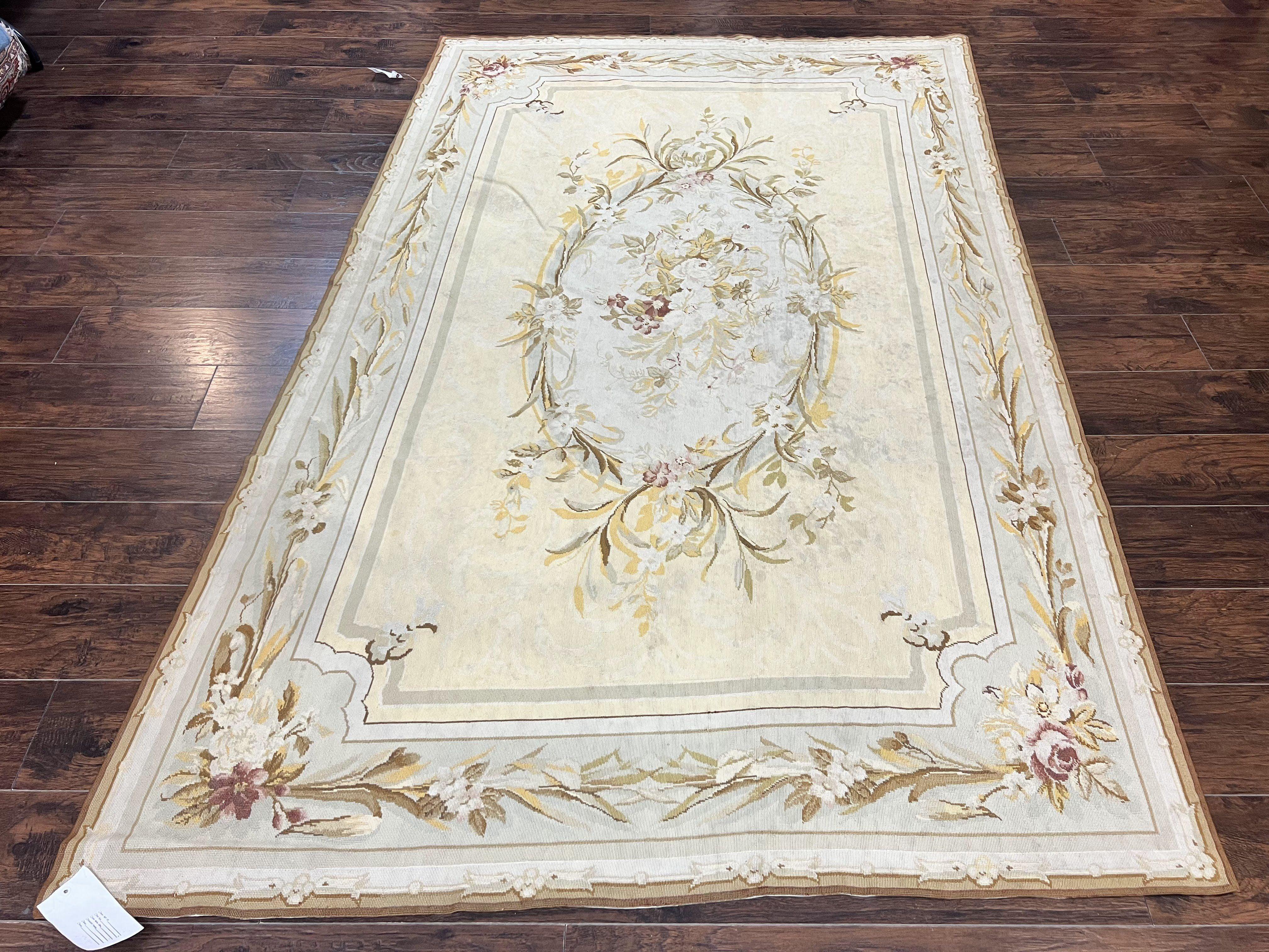 Needlepoint Rug 6x9, Elegant European Design Aubusson Carpet, Vintage Wool Handmade Rug, Light Yellow Ivory - Jewel Rugs