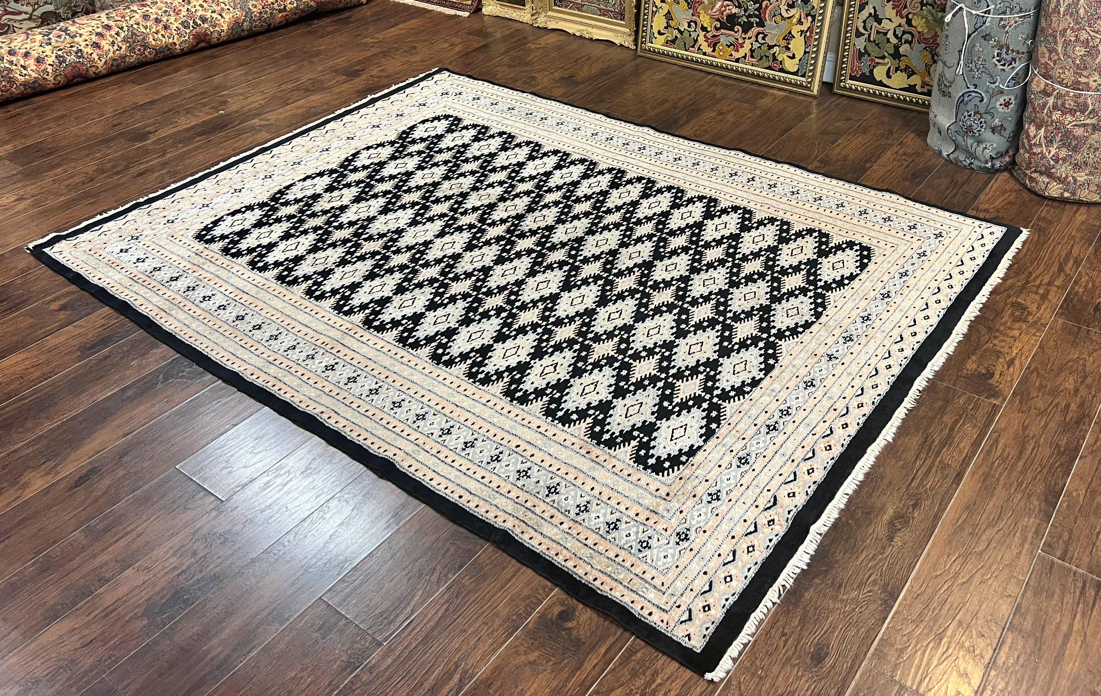 Pakistani Bokhara Rug 6x9, Hand Knotted Vintage Wool Carpet with Silk Highlights, Very Fine 320 KPSI, Medium Size - Jewel Rugs
