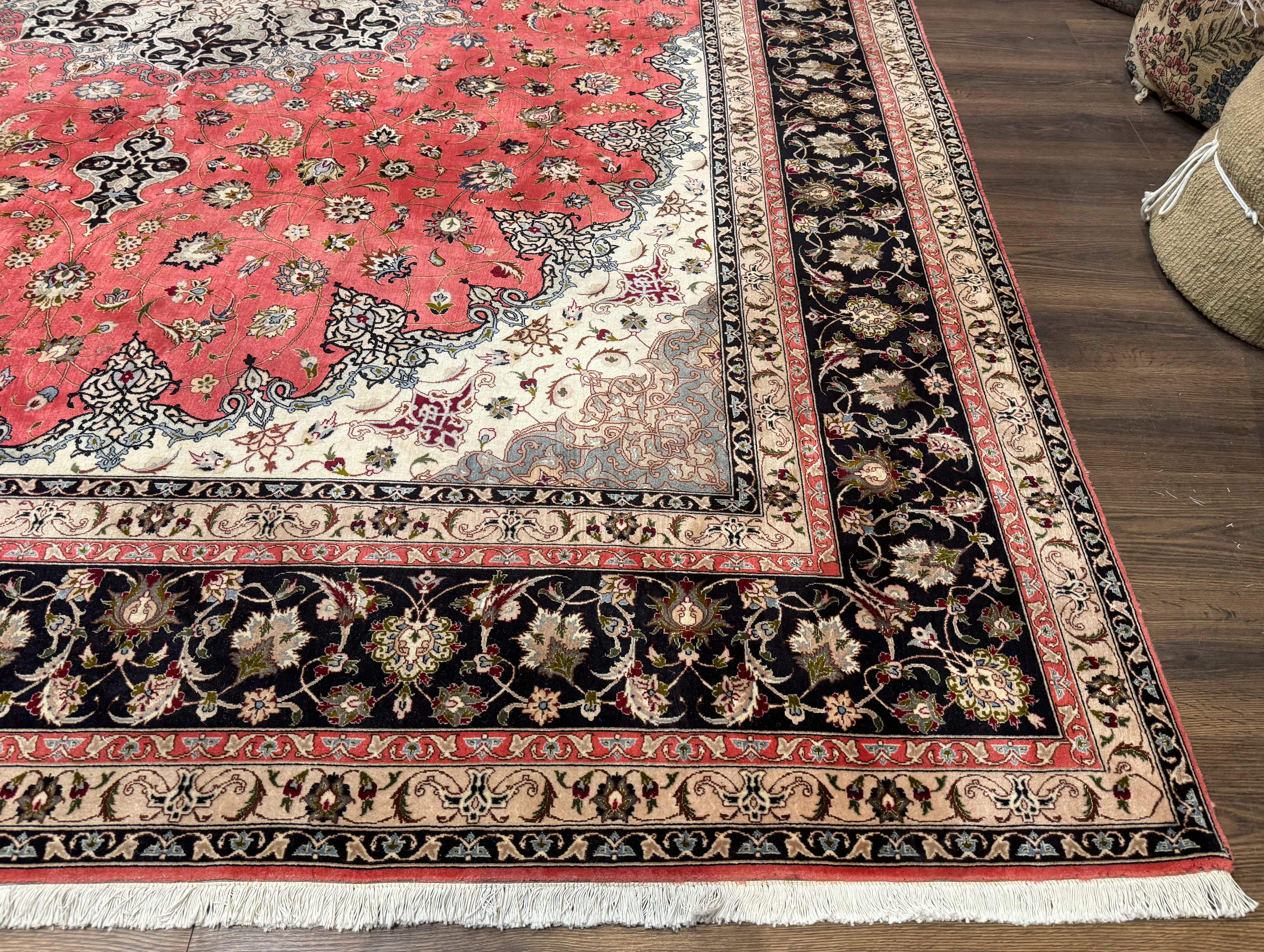 Persian Tabriz Rug 10x13, Floral Medallion, Salmon and Ivory, Hand-Knotted, 330 KPSI - Jewel Rugs