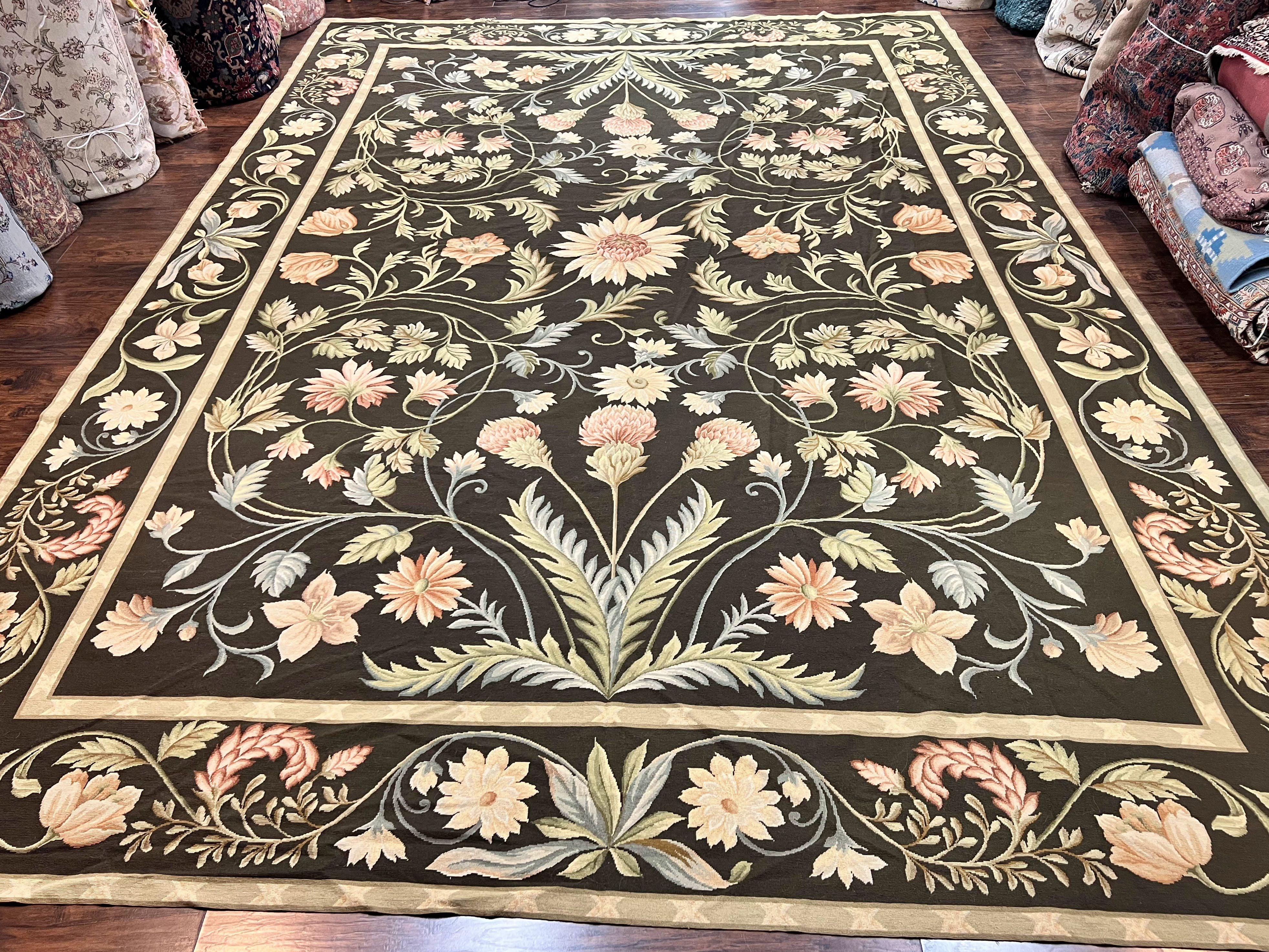 Large Needlepoint Rug 11x16, Dark Green Floral Elegant European Design Vintage Wool Handmade Carpet, Palace Size Rug - Jewel Rugs