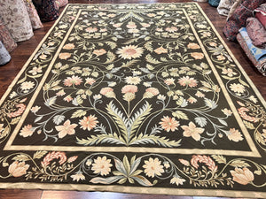 Large Needlepoint Rug 11x16, Dark Green Floral Elegant European Design Vintage Wool Handmade Carpet, Palace Size Rug