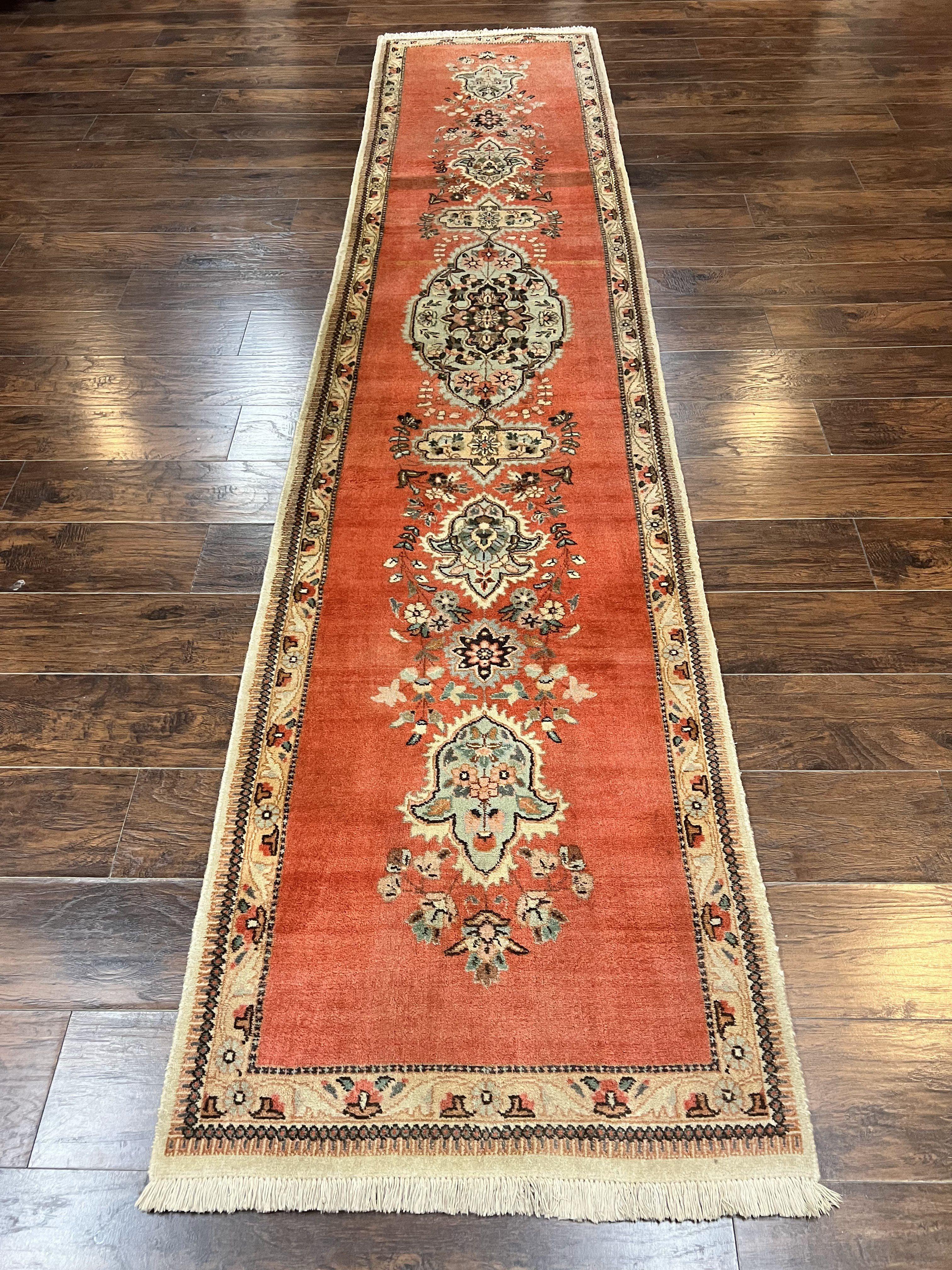 Persian Tabriz Runner Rug 3 x 12, Vintage Hand Knotted Wool Oriental Hallway Carpet, Light Red Beige Tan, Fine Weave, Semi Open Field, Traditional - Jewel Rugs