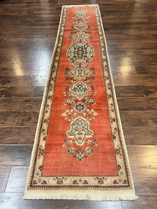 Persian Tabriz Runner Rug 3 x 12, Vintage Hand Knotted Wool Oriental Hallway Carpet, Light Red Beige Tan, Fine Weave, Semi Open Field, Traditional