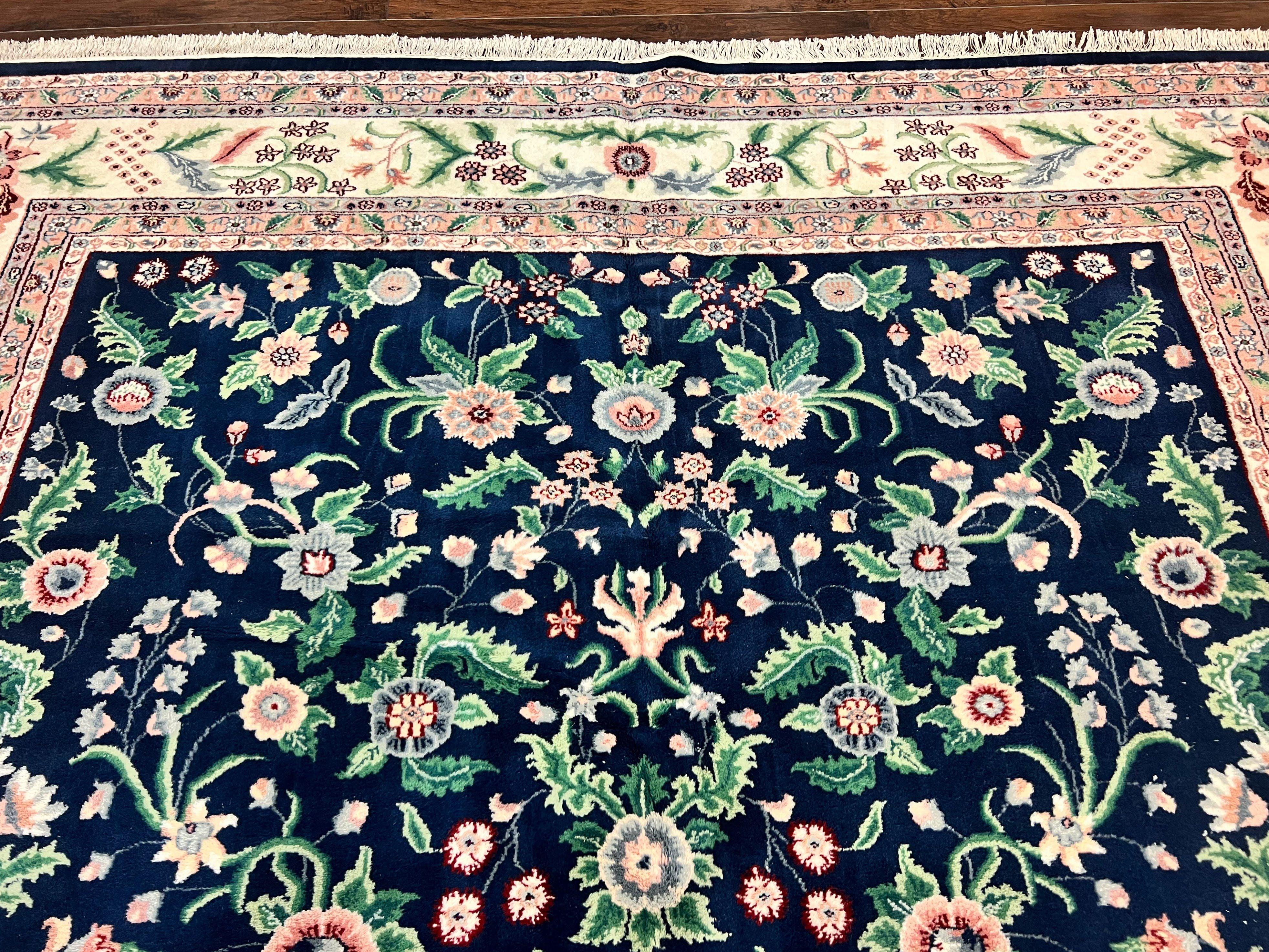 Indo Persian Rug 9x12, Wool Hand Knotted Vintage Carpet, Navy Blue & Ivory, Floral Allover Oriental Rug, 9 x 12 Room Sized Traditional Rug - Jewel Rugs