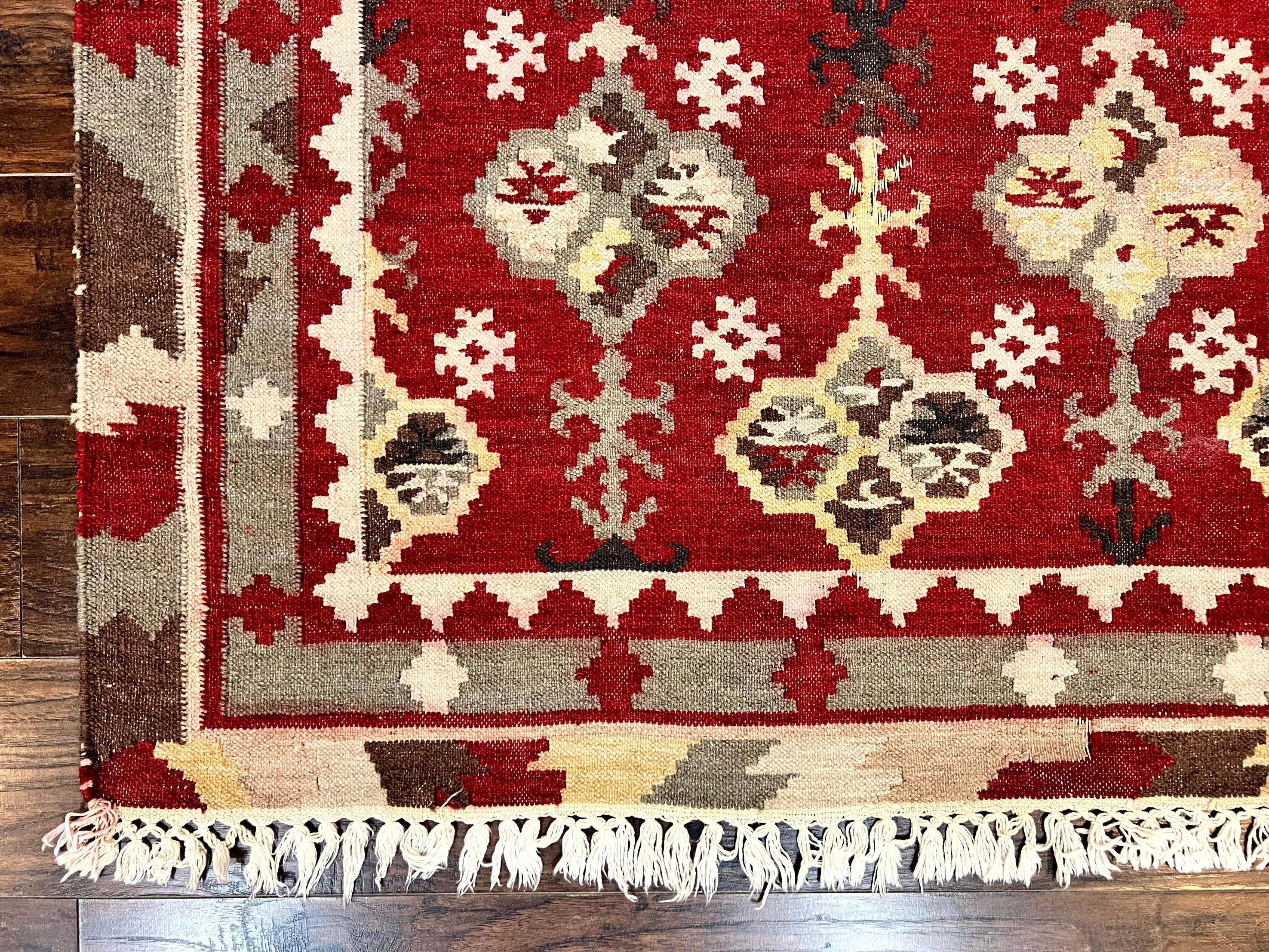 Indian Kilim Rug 6x6, Square Kilim Flatweave Carpet, Vintage Handmade Wool Rug, Red - Jewel Rugs