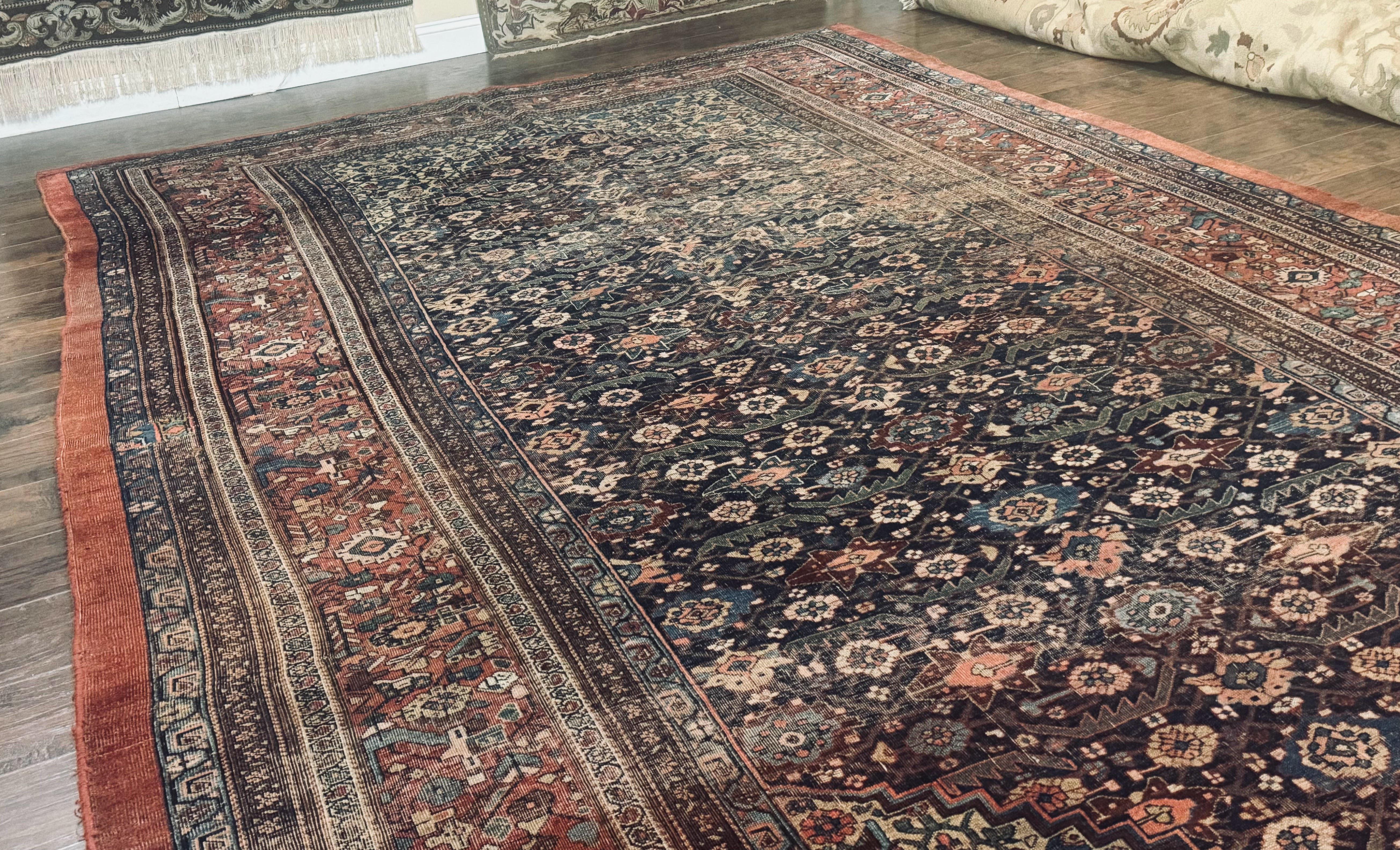 Antique Persian Bidjar Rug 8x15 – Navy Blue, Herati Pattern, Early 20th Century - Jewel Rugs