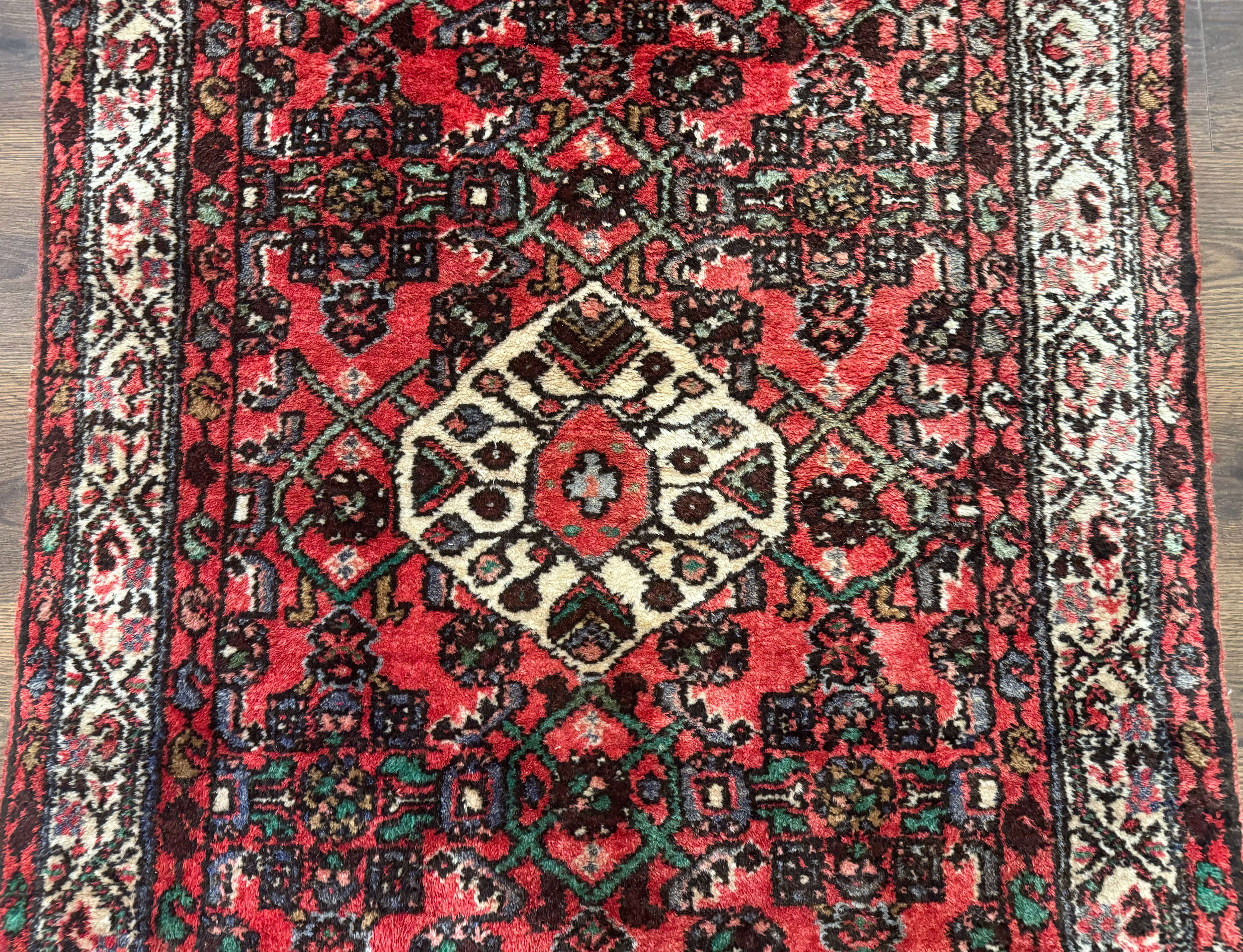 Persian Runner Rug 3x10, Wool Hand Knotted Hallway Rug 3 x 10 ft, Red and Ivory, Hamadan Angelas Runner - Jewel Rugs