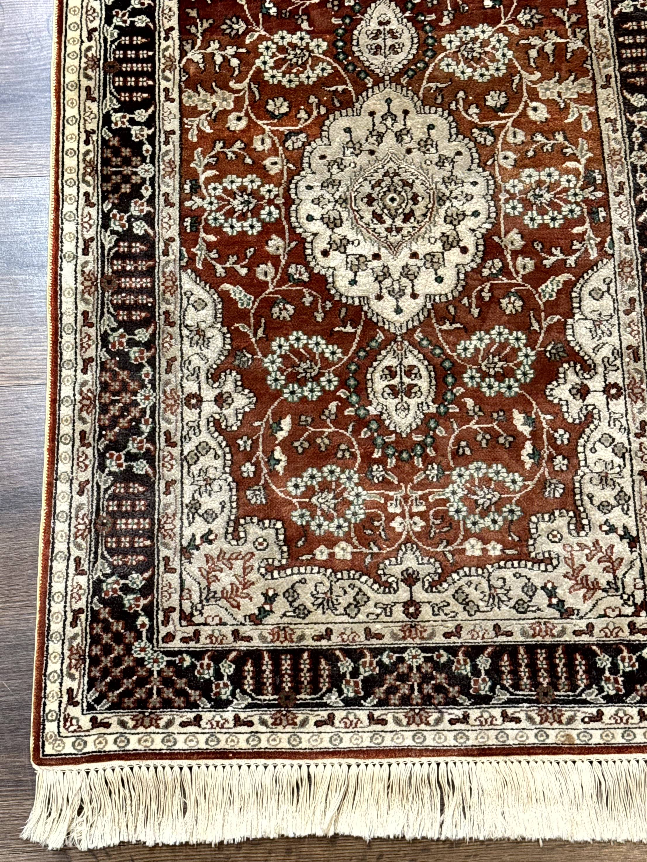 Turkish Silk Narrow Runner Rug 2 x 5.8, Very Fine 340 KPSI, Floral Medallions, Red - Jewel Rugs