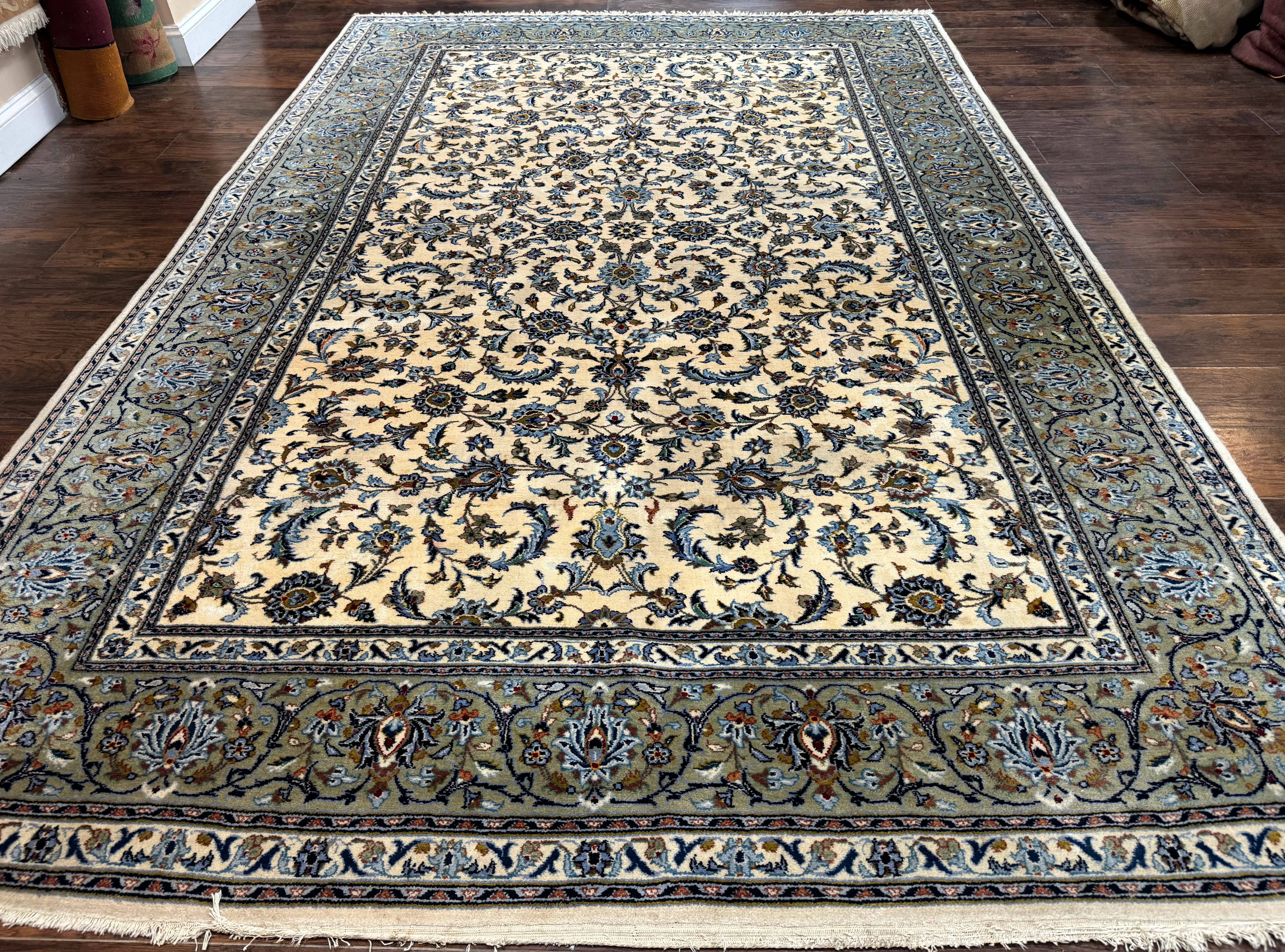 Persian Kashan Rug 8x11, Ivory Blue Green, Floral Allover, Signed By Masterweaver - Jewel Rugs