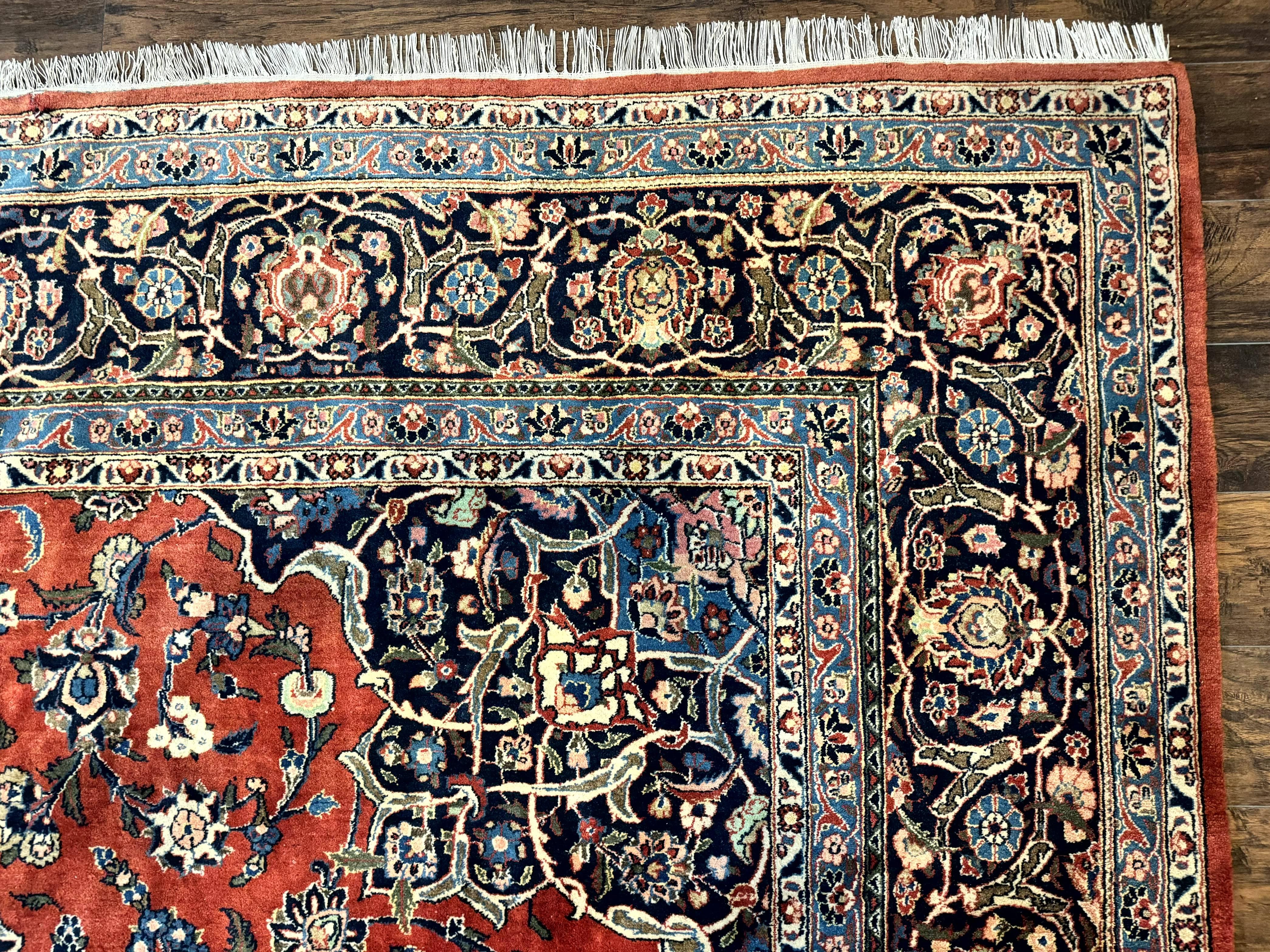 Red Persian Kashan Rug 10x14, Hand-Knotted Semi Antique Floral Medallion Handmade Wool Carpet, Red & Navy Blue - Jewel Rugs