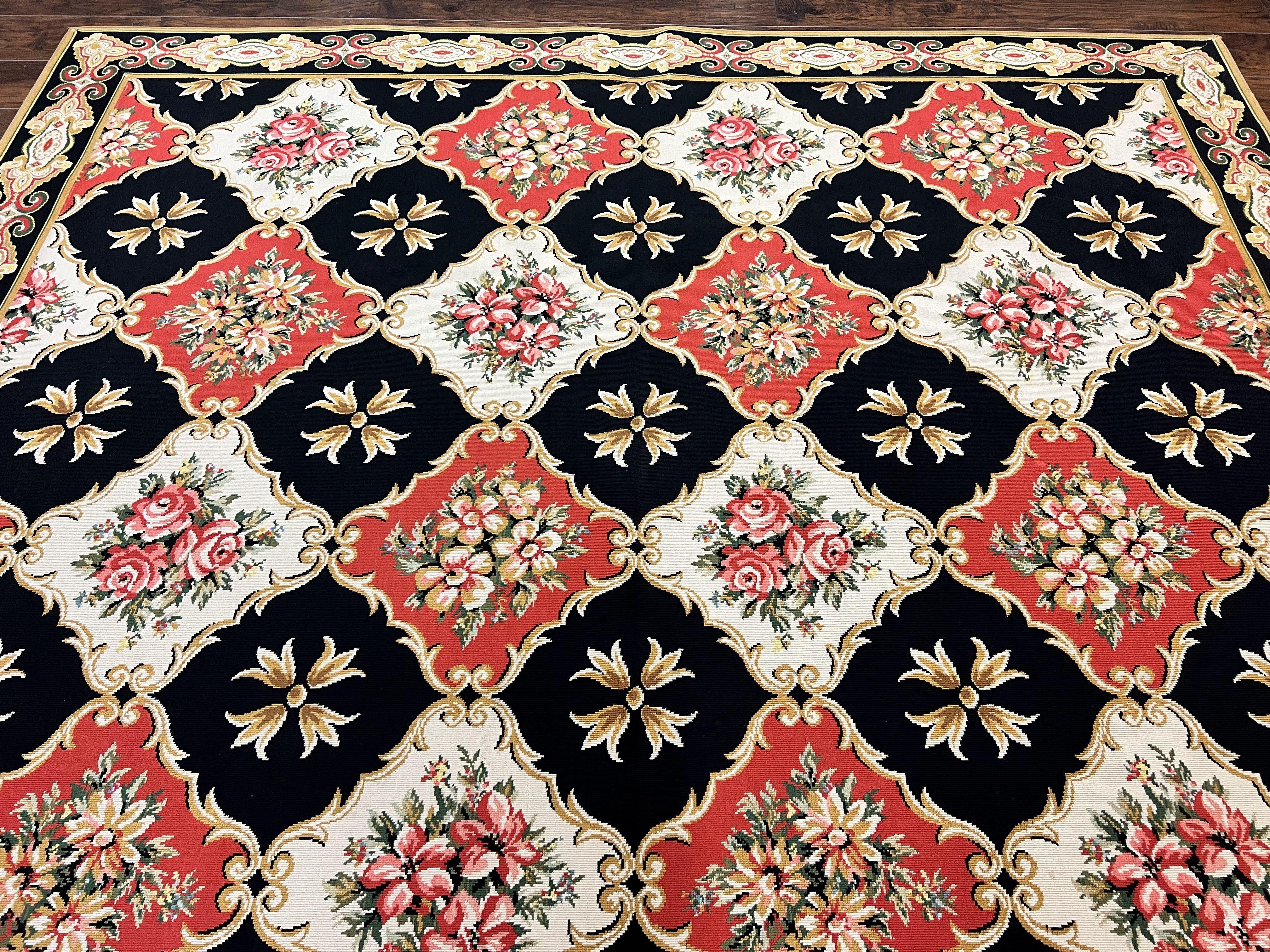 Large Stark Area Rug 9.6 x 11.7, Custom Vintage Stark Carpet, Red Black Ivory, European Design, Panels, Florals - Jewel Rugs