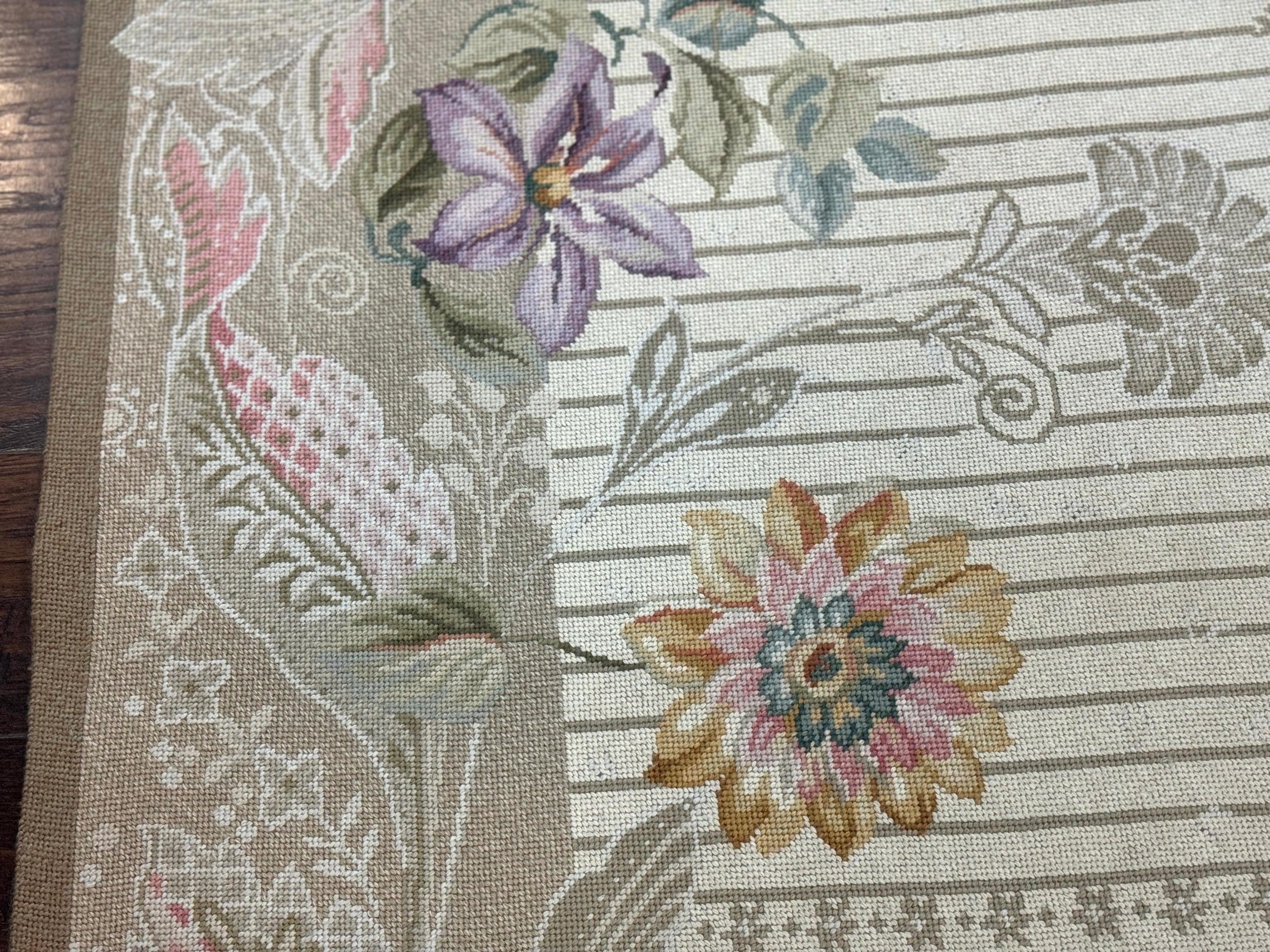 Needlepoint Rug 10x14, Petitepoint Carpet, Floral, Elegant, European Design, Beige Pink Lavender, Large Flowers - Jewel Rugs