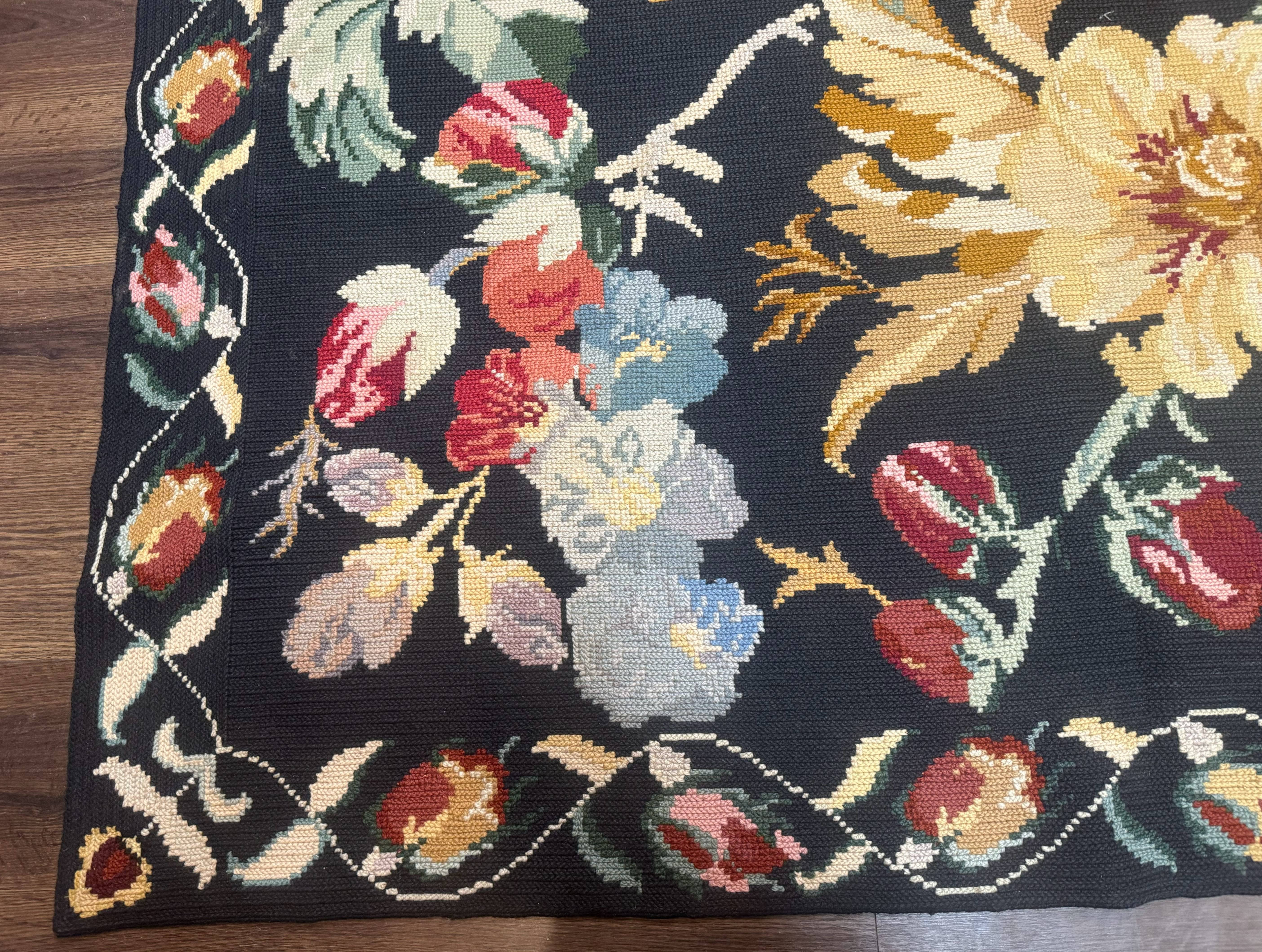 Palace Size Needlepoint Rug 12x18, Vintage Spanish Portuguese Carpet, Floral Design - Jewel Rugs