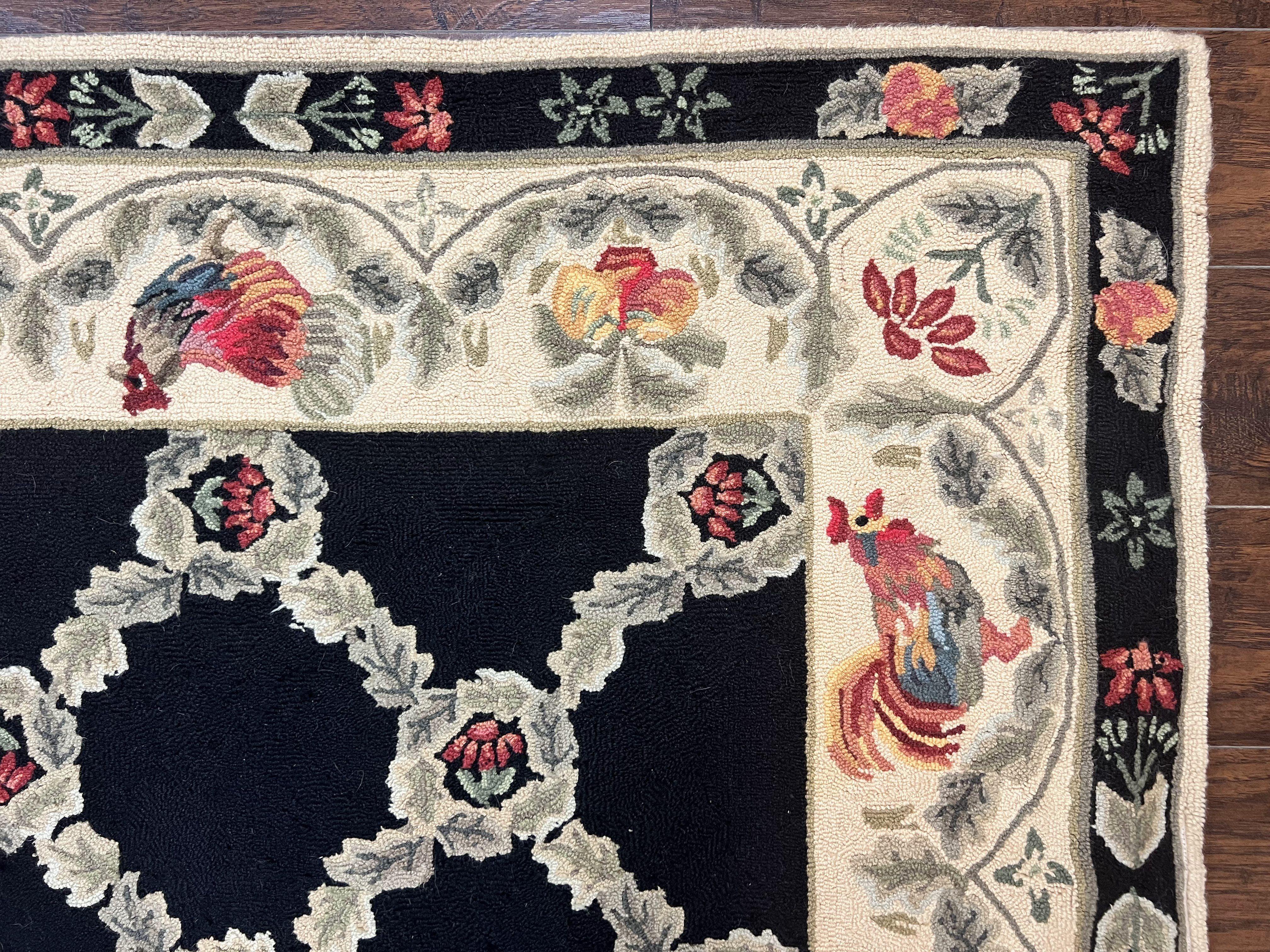 Hooked Rug 5x8, European Aubusson Pattern, Black and Ivory, Roses & Roosters, Vintage Wool Rug - Jewel Rugs