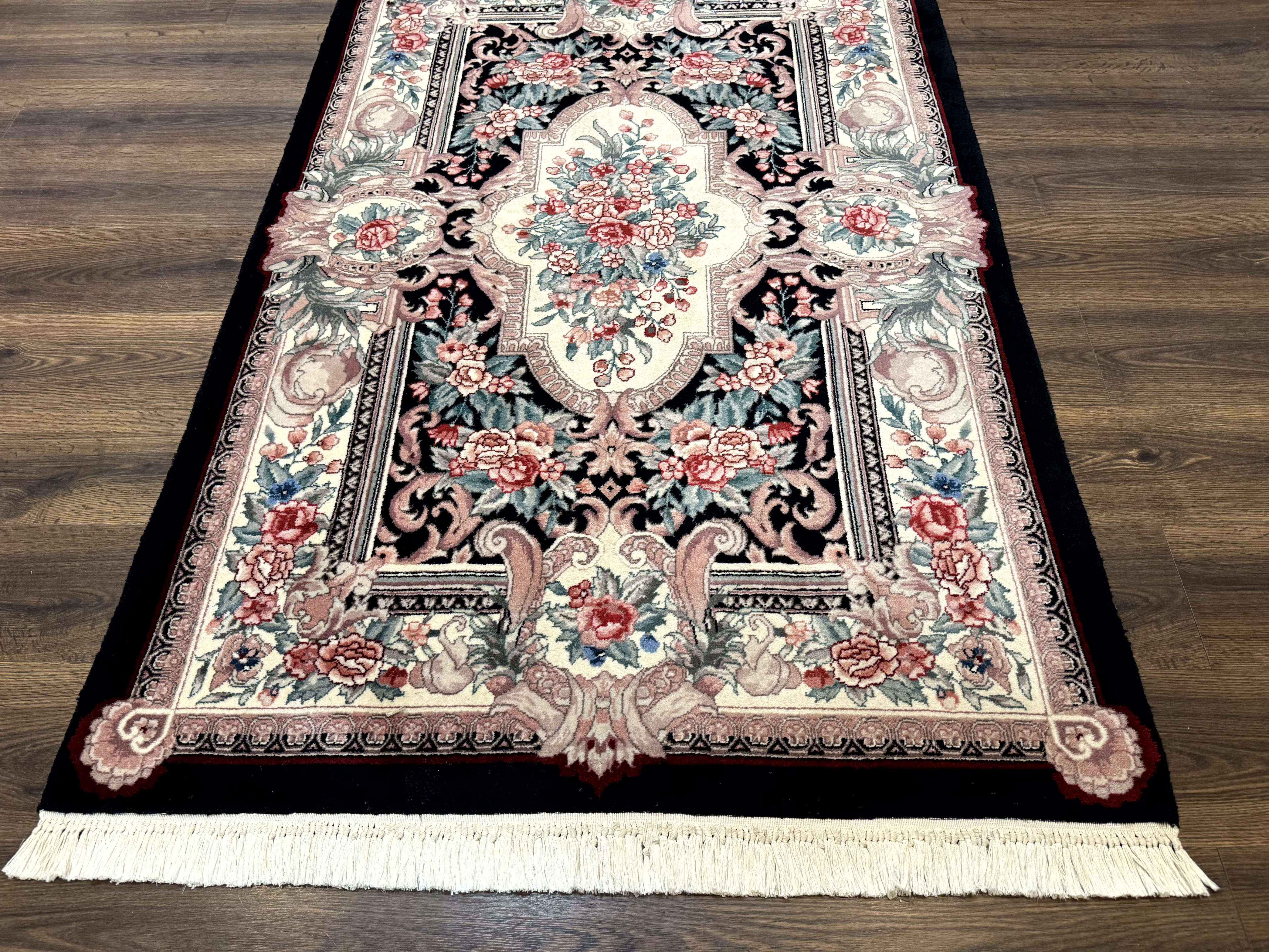 Aubusson Rug 4x6, Elegant European Floral Design, Black and Ivory, Fine 200 KPSI - Jewel Rugs