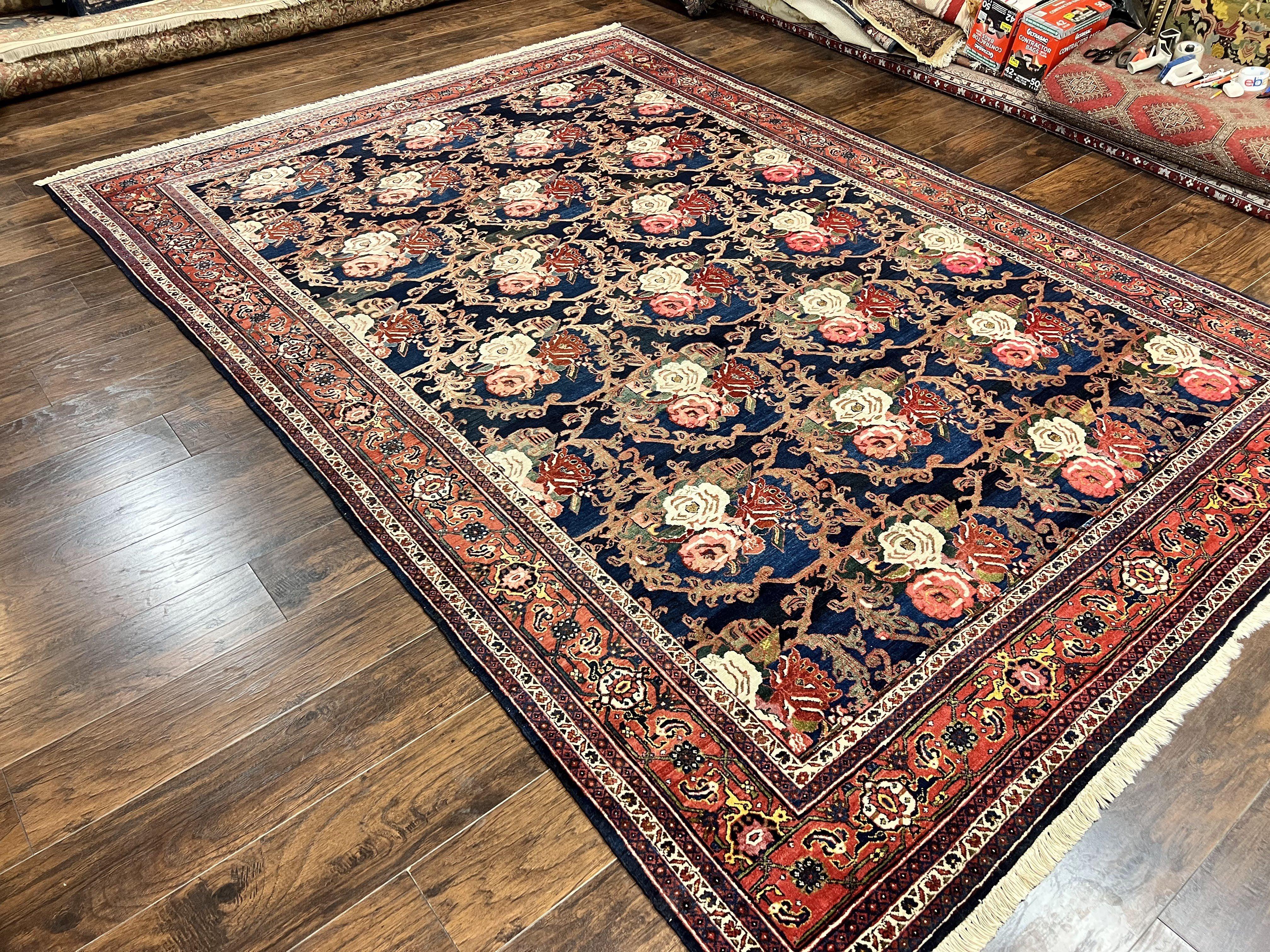 Persian Bidjar Rug 8x11, Floral Bouquets, Blue Black Red Pink, Handmade Hand Knotted Vintage Semi Antique Oriental Carpet - Jewel Rugs