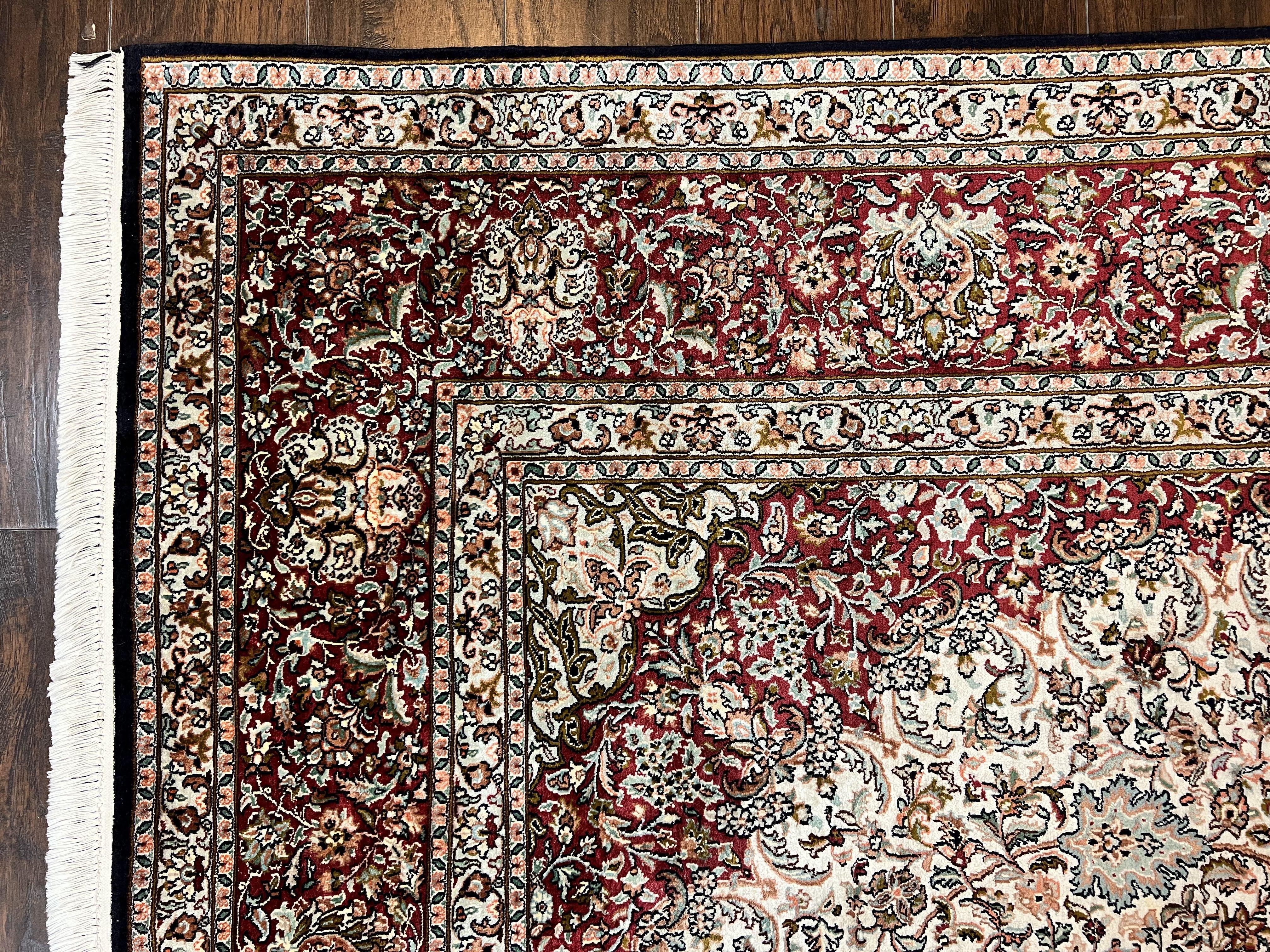 Silk Indian Kashmiri Rug 9 x 11 ft, Room Sized Silk Vintage Indo Persian Handmade Hand Knotted Fine Oriental Carpet, Ivory and Maroon - Jewel Rugs
