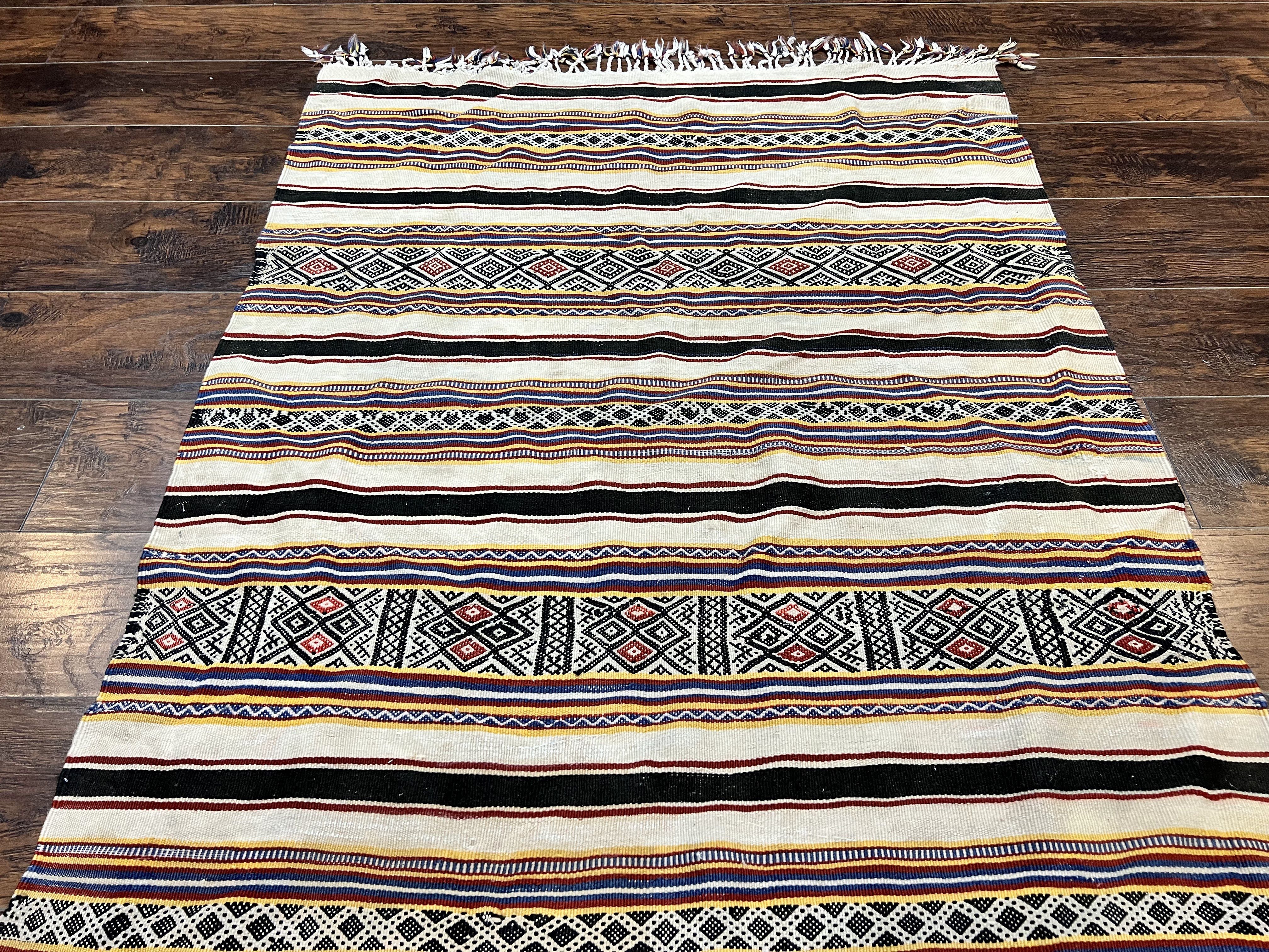 South American Kilim Rug 4x7 ft, Wool Handmade Vintage Carpet, Ivory Black Multicolor Stripes, Bohemian Blanket Rug, Flatweave Area Rug - Jewel Rugs