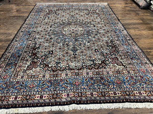 Persian Mashad Rug 7x10, Floral Medallion, Wool Hand Knotted Vintage Oriental Carpet, Blue & Ivory, Traditional Room Sized Rug