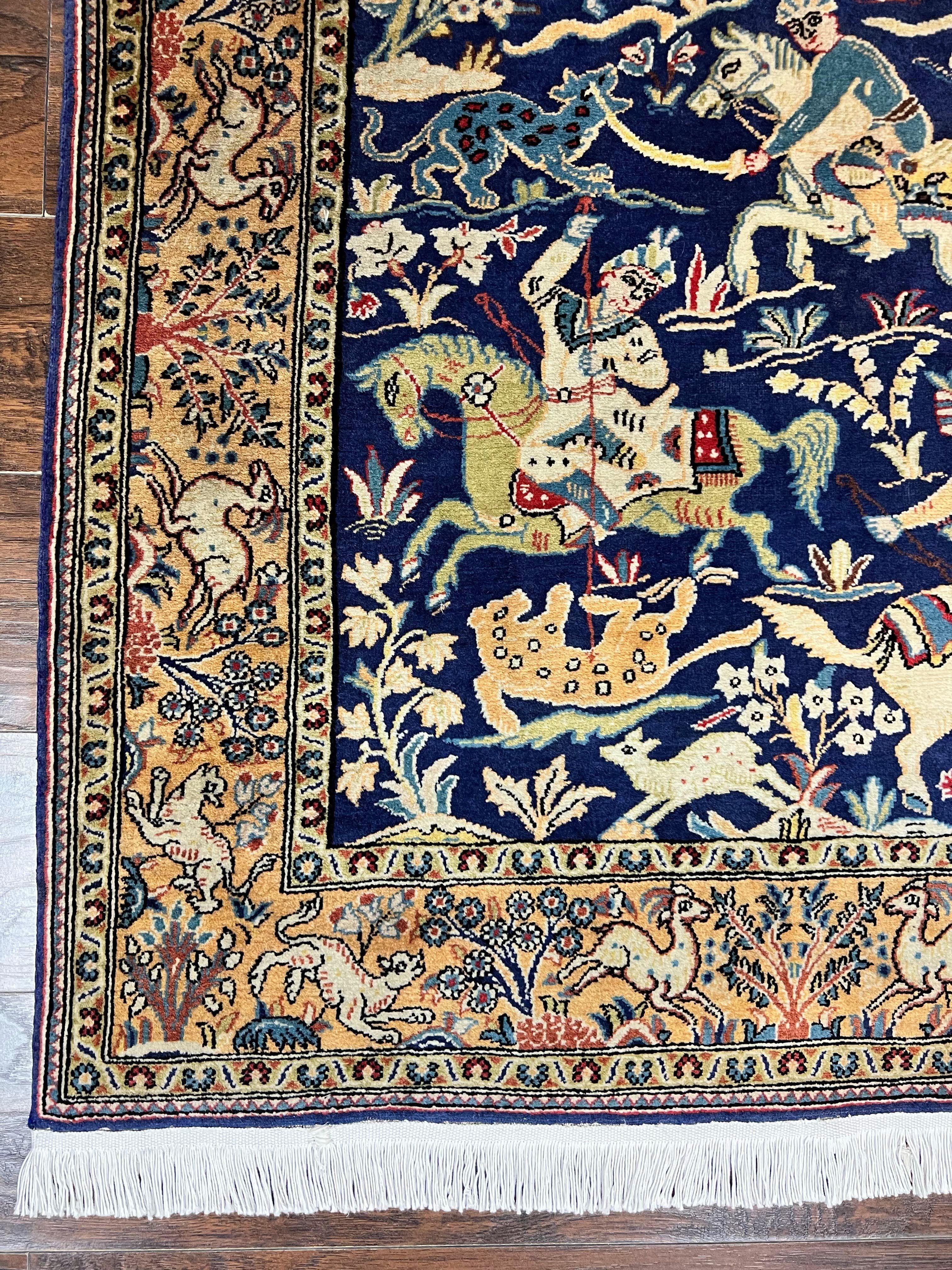 Persian Qum Hunting Design Rug 4x5, Wool Hand Knotted Vintage Oriental Carpet, Navy Blue & Mustard, Horsemen Animal Pictorials, Rare - Jewel Rugs
