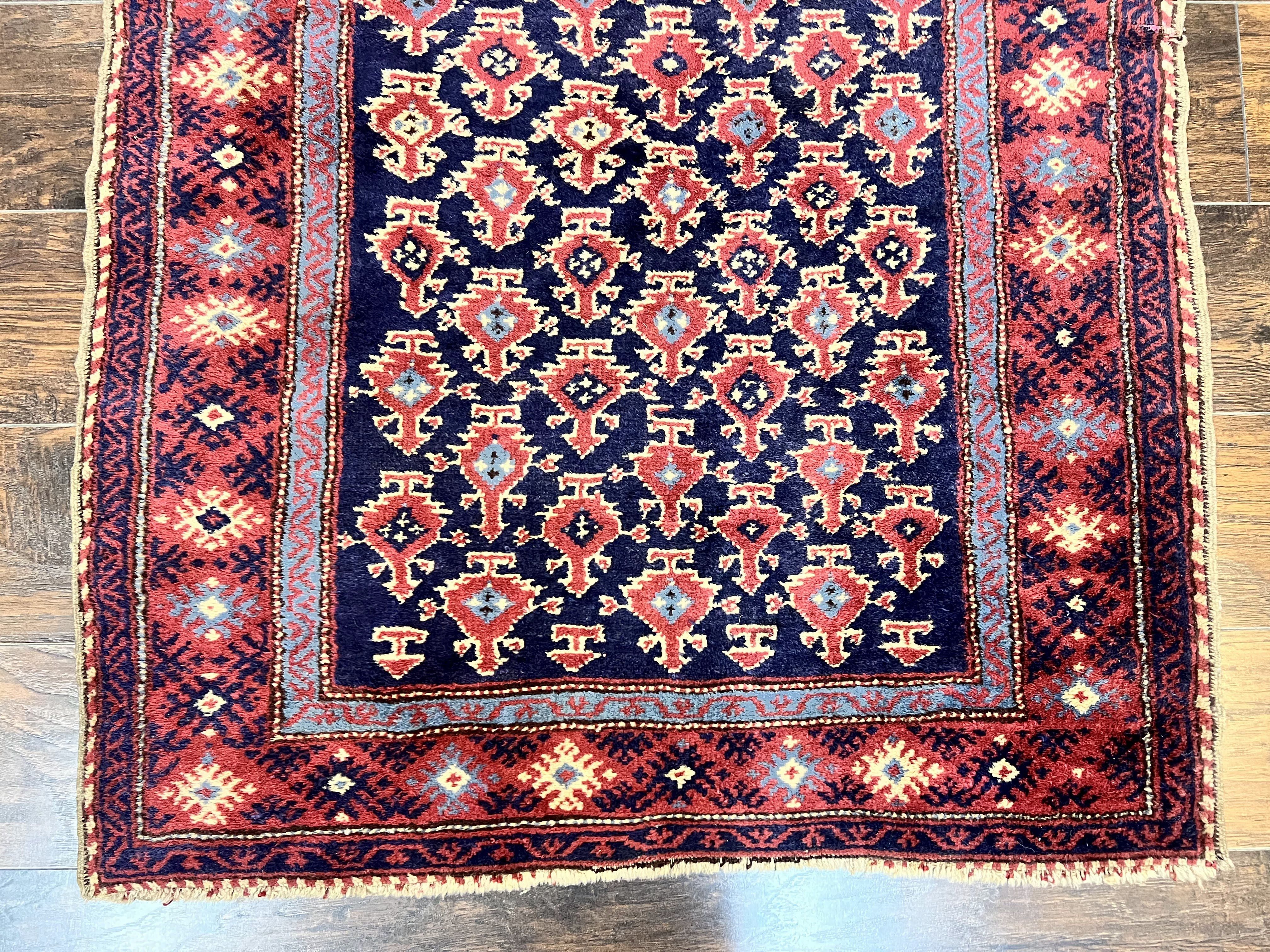 Turkish Sparta Rug 3x4, Allover Pattern, Navy Blue and Red, Antique Ispara Oriental Carpet 3 x 4, Small Turkish Handmade Vintage Wool Rug - Jewel Rugs