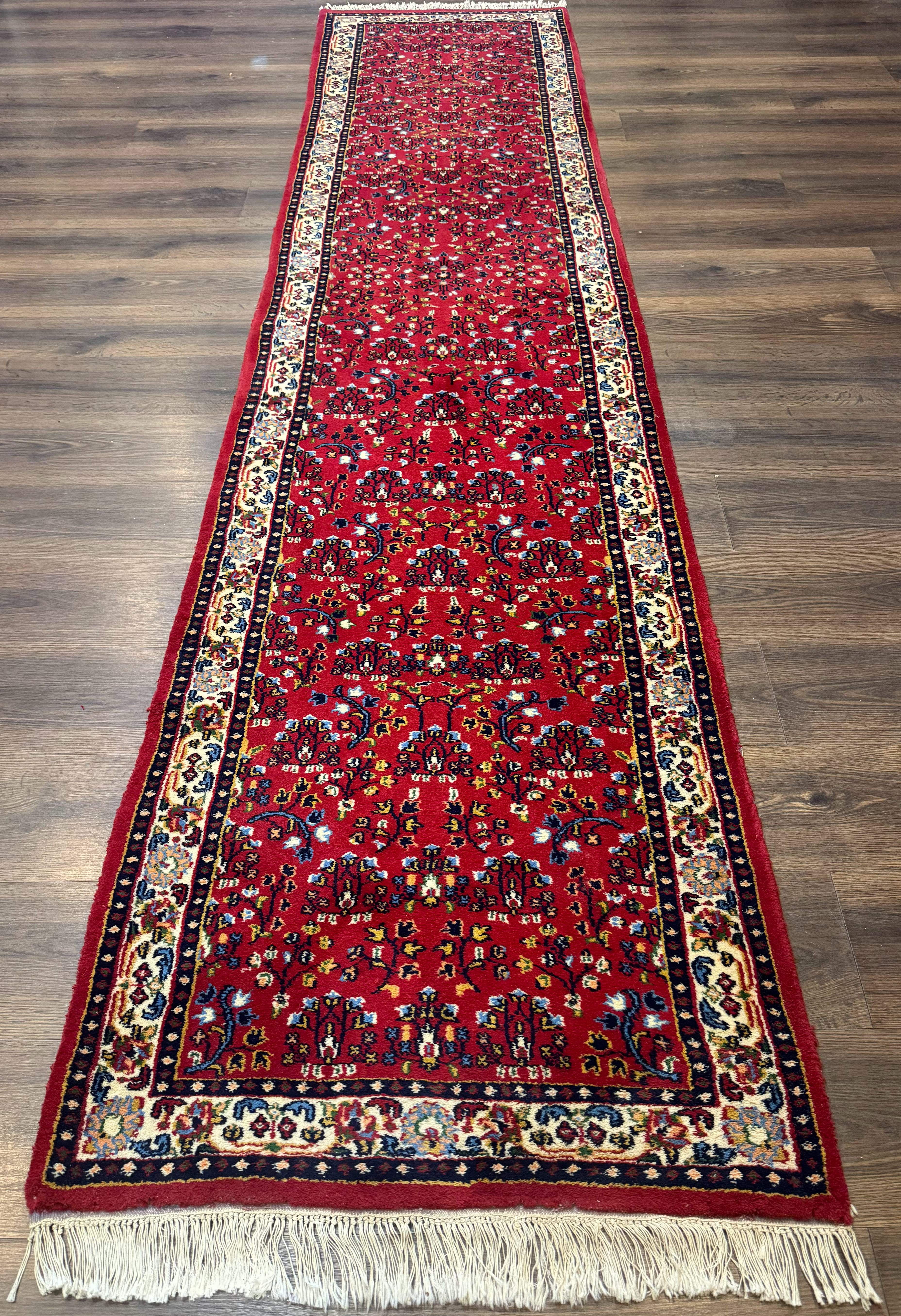 Indo Persian Sarouk Runner Rug 3 x 12, Red and Cream, Allover Pattern, 12ft Runner, Hand Knotted - Jewel Rugs