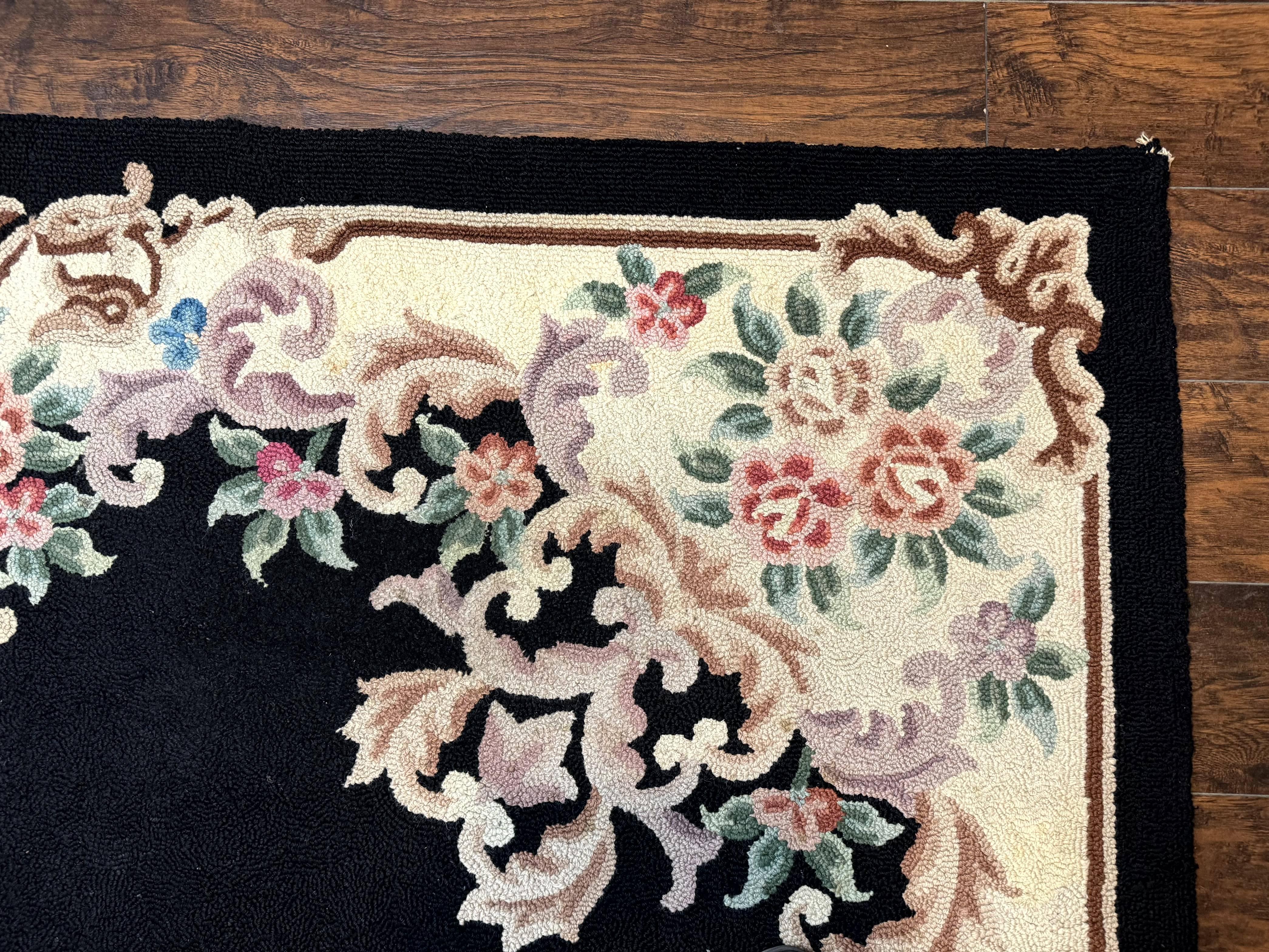 Aubusson Rug 8x11, Black and Ivory, Hooked Rug, Vintage, Wool - Jewel Rugs